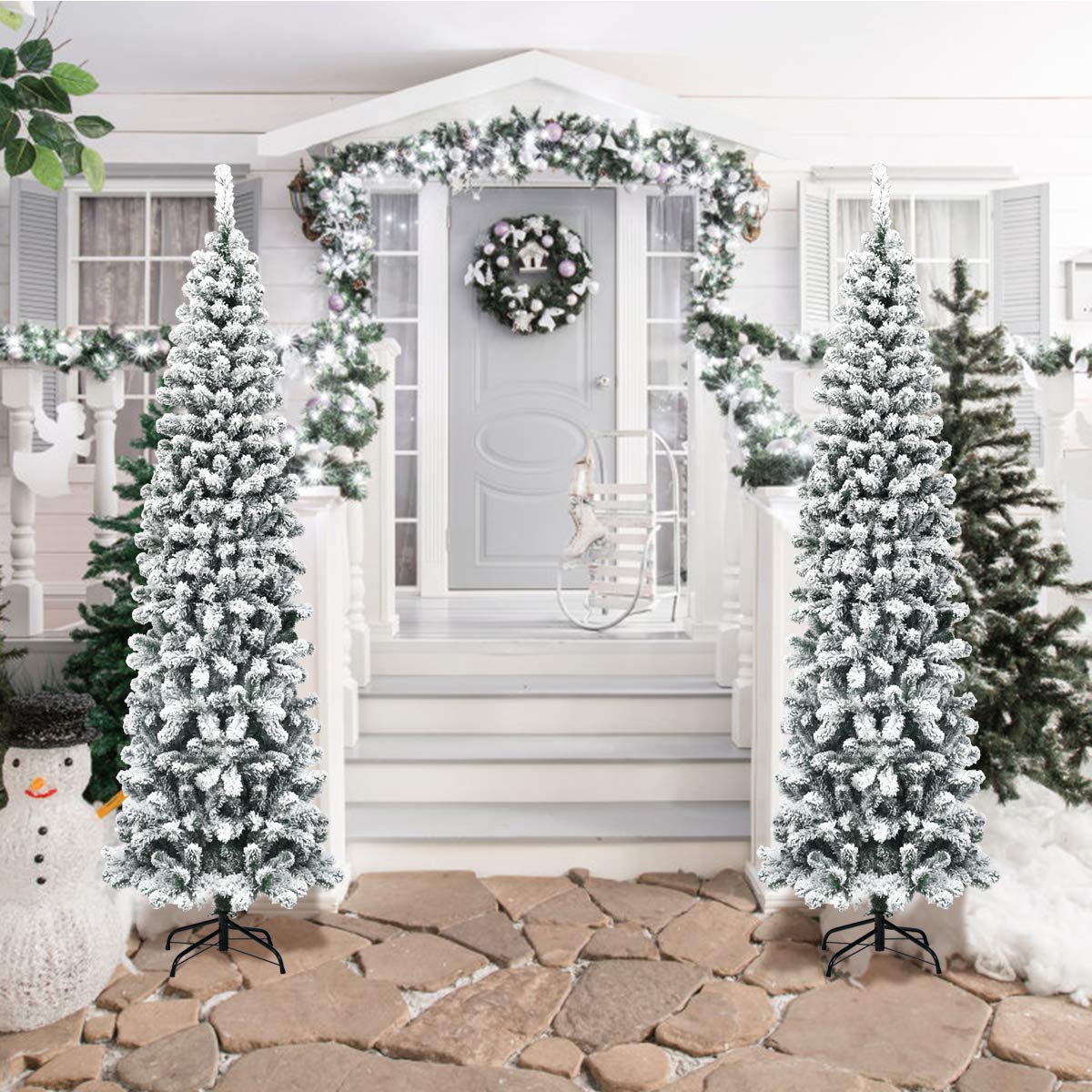 COSTWAY 225cm Árbol de Navidad Artificial Nevado, Agujas de PVC de 641 Puntas, Árbol de Navidad Slim/Estrecho, Soporte de Metal, Decorativa Nieve para Hogar Oficina Fiesta (225 cm)