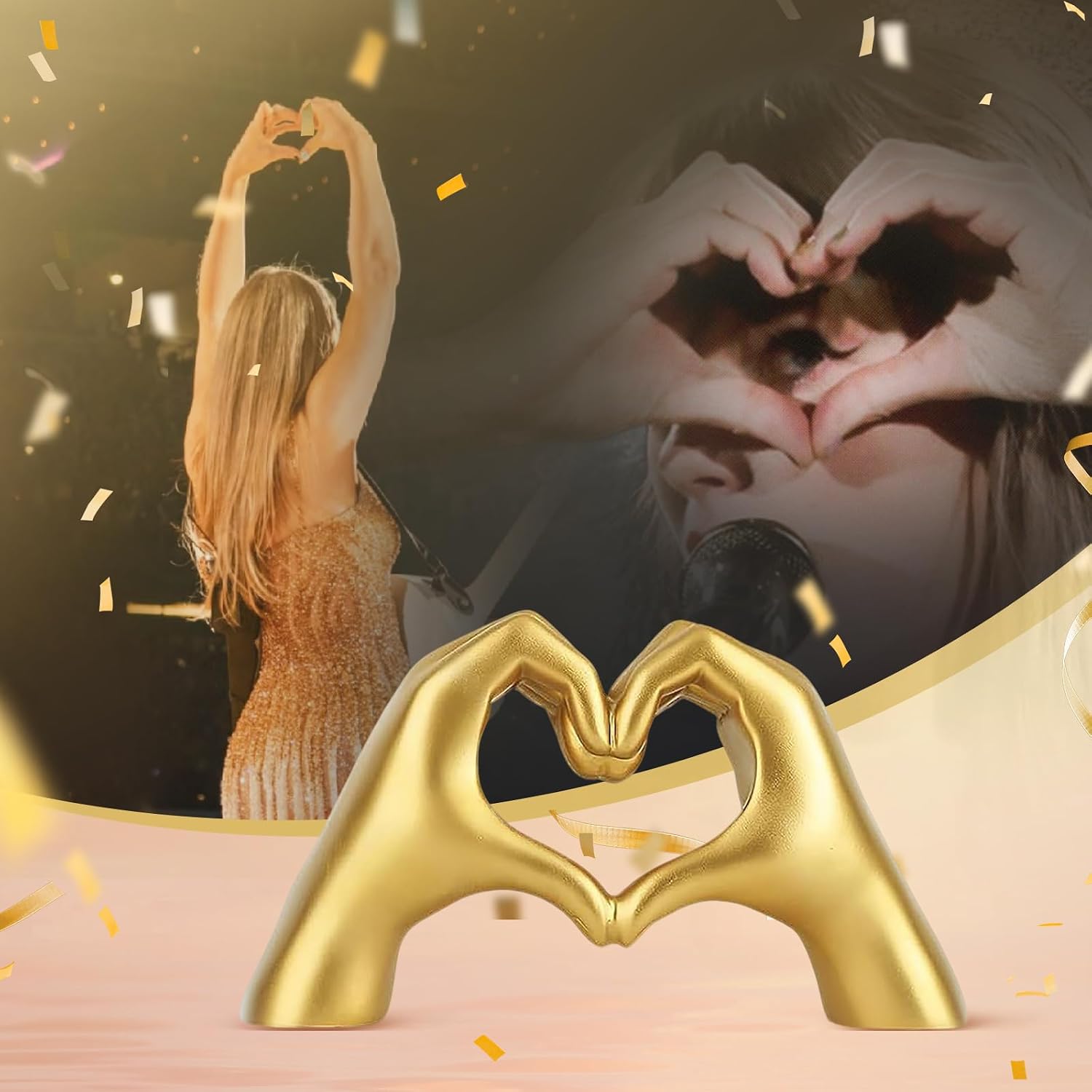 Gold Heart Hands Statue – 9.4" W Taylor Swift Inspired Decor, Elegant Gold Room Decor for Desk, Bookshelf, or Coffee Table, for Fans & Home Décor Accents