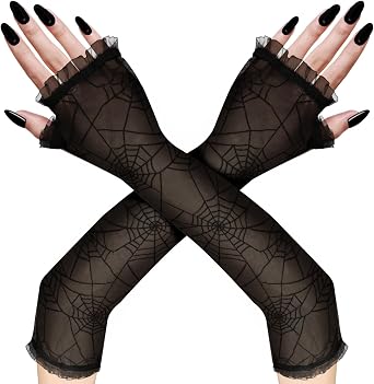 Gistome Spider Web Arm Warmers, Womens Black Gothic Lace Fingerless Gloves, Cobweb Patterned Long Gloves for Halloween Costume Cosplay Party Accessories, One Size