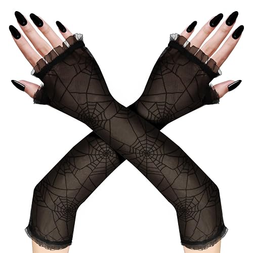 Gistome Spider Web Arm Warmers, Women's Black Gothic Lace Fingerless Gloves, Cobweb Patterned Long Gloves for Halloween Costume Cosplay Party Accessories, One Size