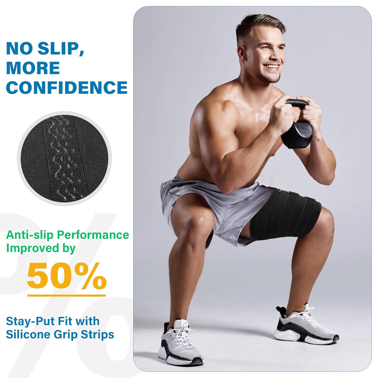SPRING SEAON Thigh Compression Sleeve with Anti-Slip Strips, Hamstring Compression Wrap with 3 Pressure Hook-and-Loop Band, Thigh Brace for Men & Women, Pulled Muscle, Sprains and Sports Recovery