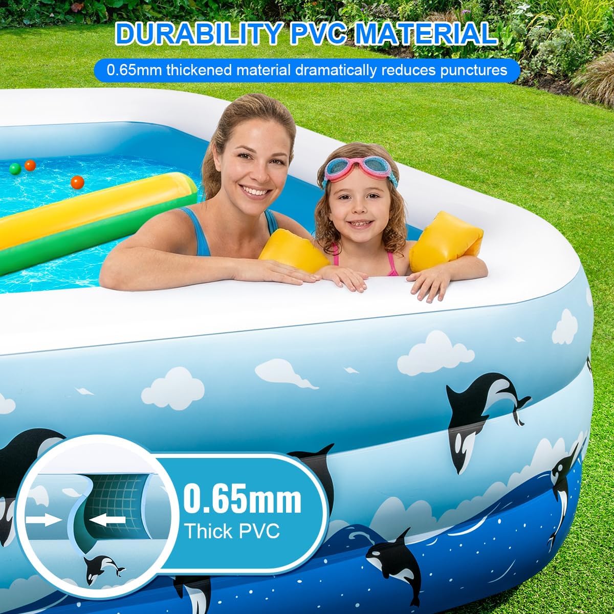 Large Inflatable Swimming Pool 145" x 74" x 22" Family Size Blow Up Pool for Adults & Kids, Oversized Backyard Kiddie Pool for Outdoor, Garden, Summer Water Party thumbnail