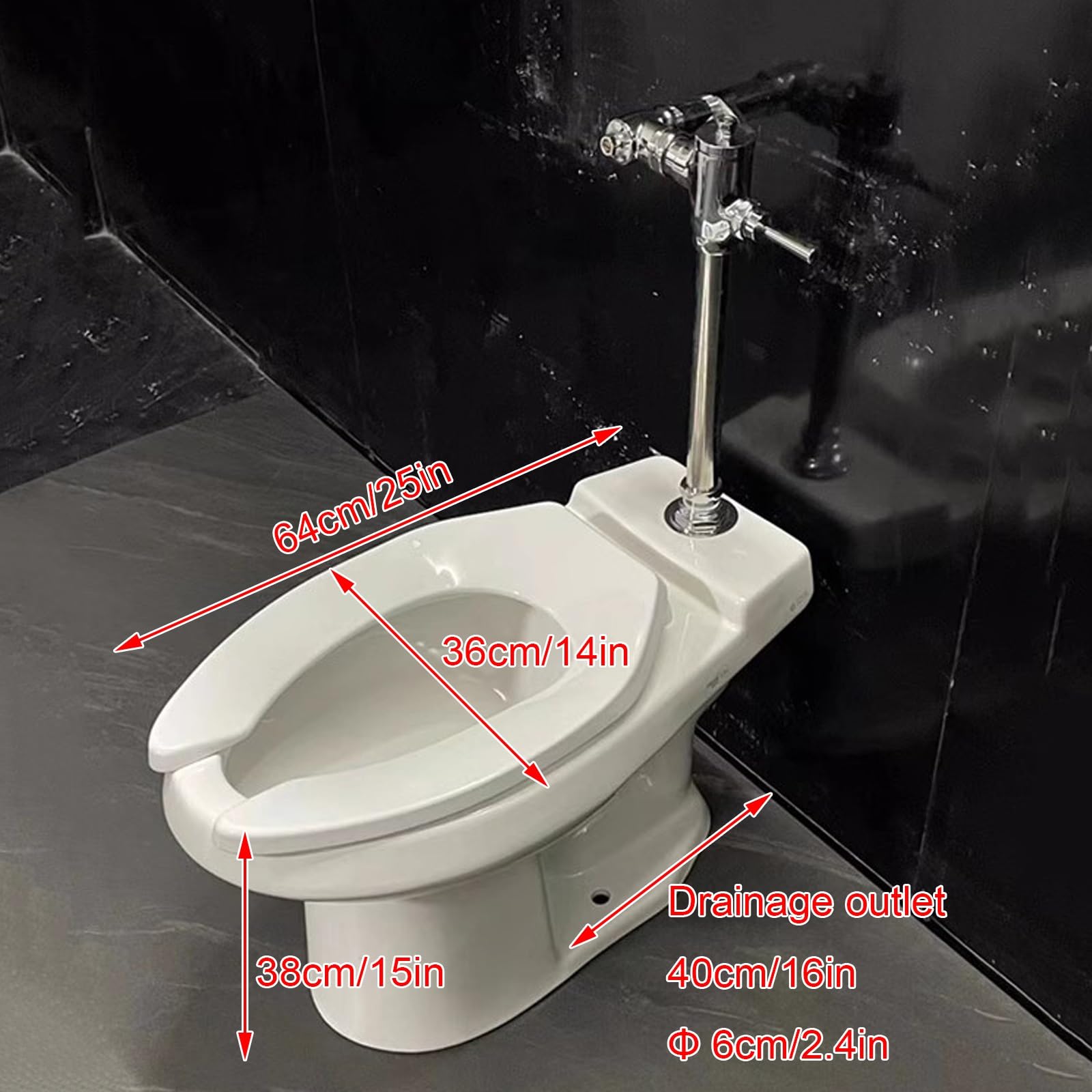 Inodoro comercial, altura cómoda, instalación de pie, material cerámico, válvula de descarga manual, drenaje de suelo, desplazamiento de 4,5 L