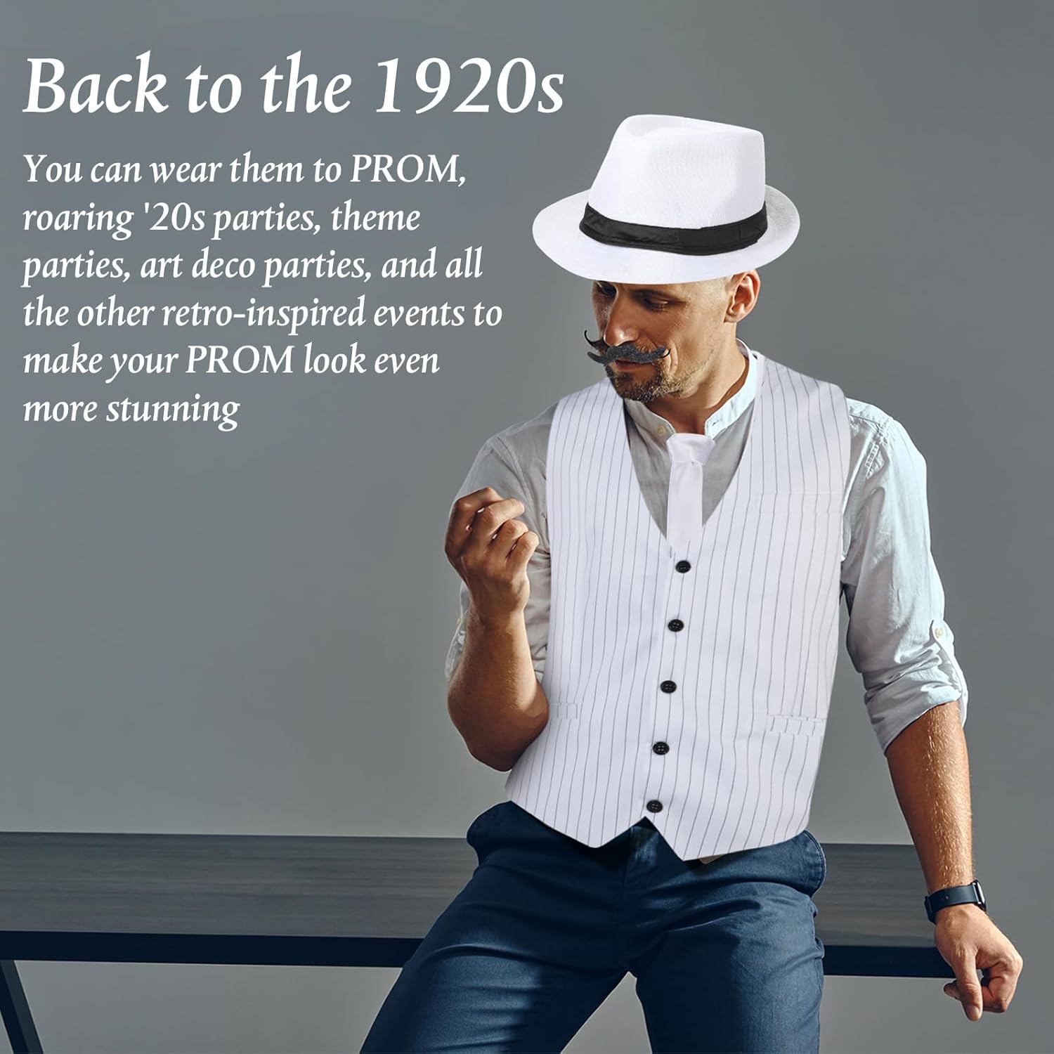SATINIOR 1920s Mens Costume Roaring Outfit with Gangster Vest Hat Pocket Watch Suspenders for Race Meeting 2026 - Image 7
