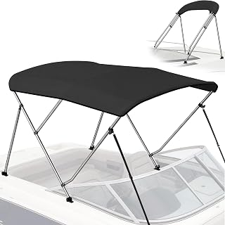Bimini Tops for Boats - 900D Marine Grade Canvas with 1" Aluminum Alloy Frame, Boat Bimini Top with Storage Boot and 4 Nylon Straps for Jon Boats, Pontoon Boats (Black, 3 Bow 6'L x 46" H x 61"-66" W)