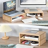 Vista 2 de TEAMIX Soporte elevador para monitor de madera, paquete de 2 elevadores ajustables para monitor dual para computadora portátil/PC