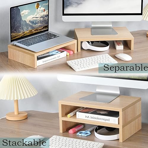 Miniatura 2 de TEAMIX Soporte elevador para monitor de madera, paquete de 2 elevadores ajustables para monitor dual para computadora portátil/PC