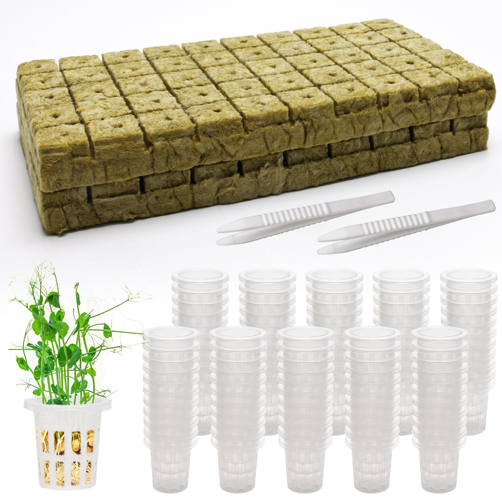 Windspeed 202Pcs Rockwool Planting Cubes Set 1 Inch, 100P Rockwool Starter Plugs with 100P 1.5 in Hydroponics Net Cup 2 Tweezers Rockwool Cubes for Hydroponics Rooting,Starting Seeds,Clone Plants