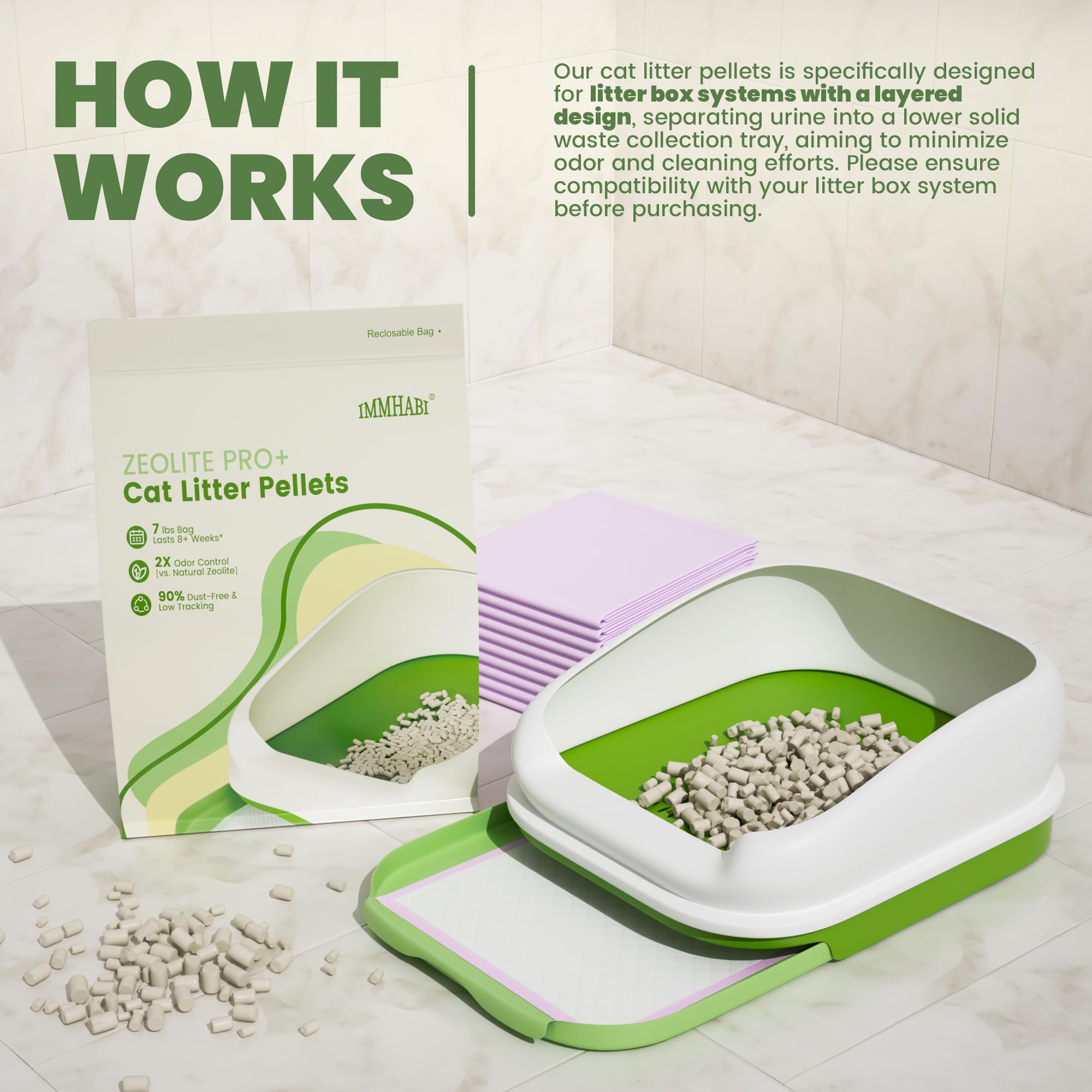 Pellets de arena para gatos con zeolita mejorada de 7 libras y almohadillas para orina de gato, juego de 10 unidades | Recambio para sistemas de caja de arena de doble capa, bandeja de cambio de acero inoxidable de alta calidad