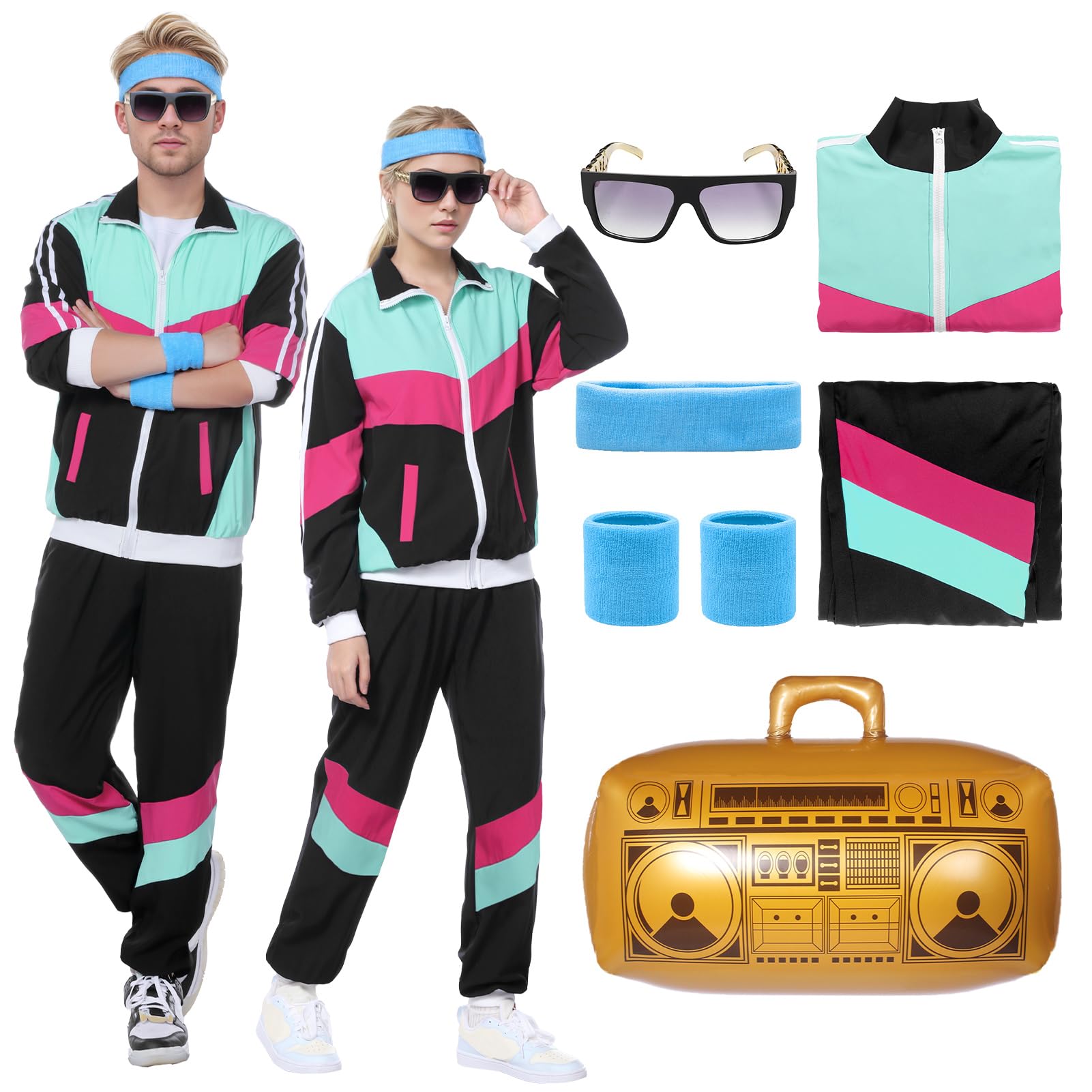 Metaparty 80s Fancy Dress Costume Unisex,80s Shell Suit Costume,90s Shell Suit  Fancy Dress,Fashion Retro Tracksuit Outfit,90s Fancy Dress Costumes with  Headband Wristbands Glasses (Black B, XL)