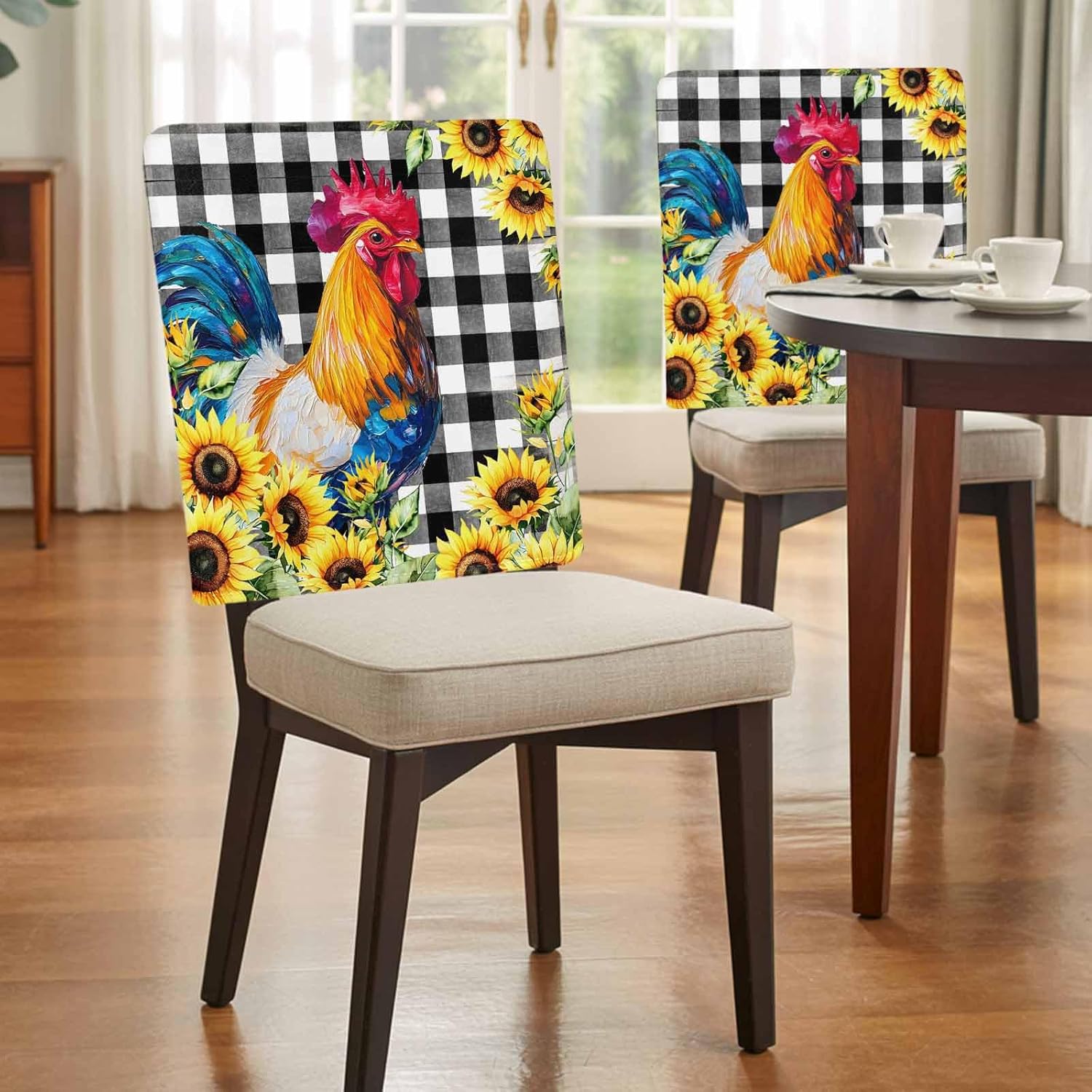4 Pack Chair Back Covers, Watercolor Rustic Rooster Sunflower Dining Room Chair Cover Washable Chair Slipcover Back Chair Protector for Holiday Party Kitchen Home Black White Buffalo Check