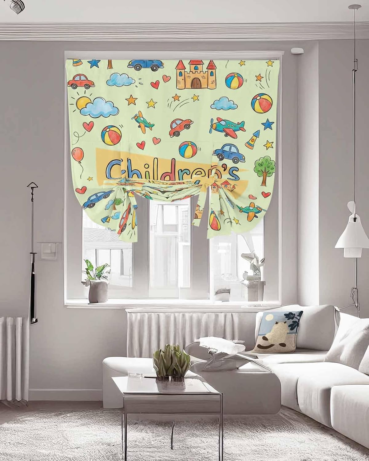 Tie Up Curtains for Windows, Happy Children's Day Adjustable Balloon Nature Linen Textured Kitchen Curtain, Cartoon Castle Childhood Innocence Thermal Insulated Curtains for Window, 42" x 54"