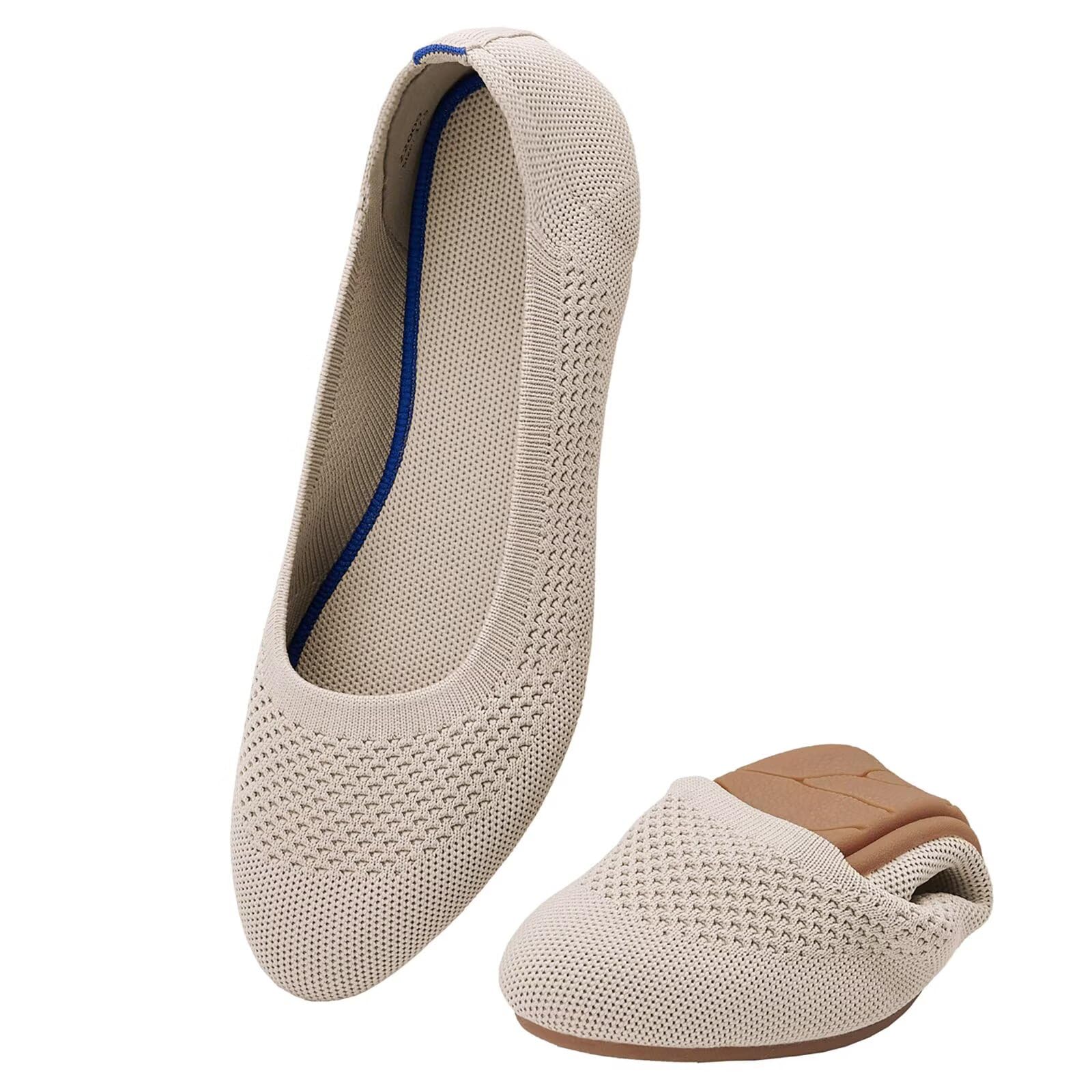 Puxowe Damen Strick-Ballerinas mit Rundkappe Flache Slip-On Schuhe Superweich für Komfort Bequem für Spaziergänge Niedriger Keilabsatz Lässiger Stil