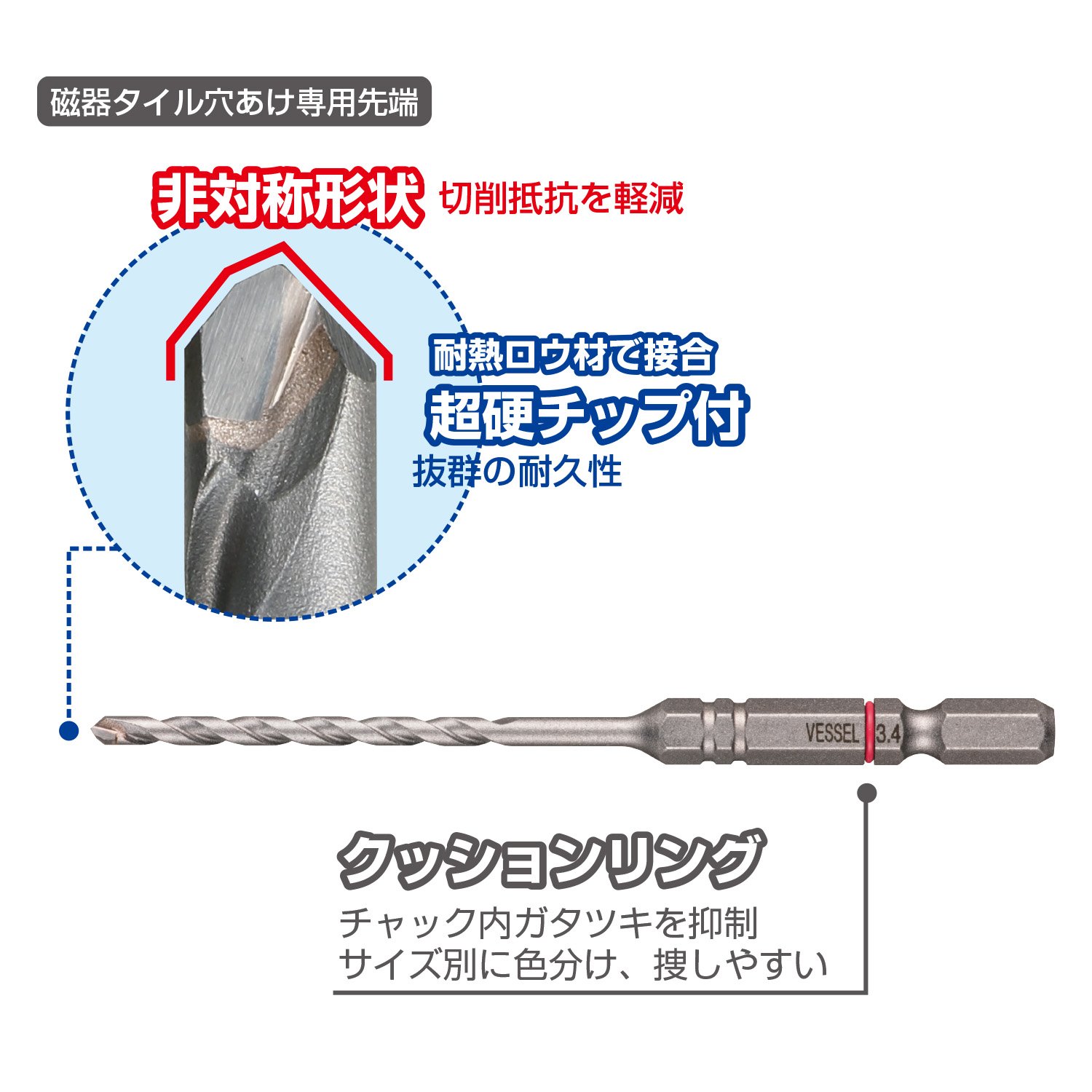 Vessel APD3S-3.5 Porcelain, Drill Bit, 0.1 inch (3.5 mm), Set of 3