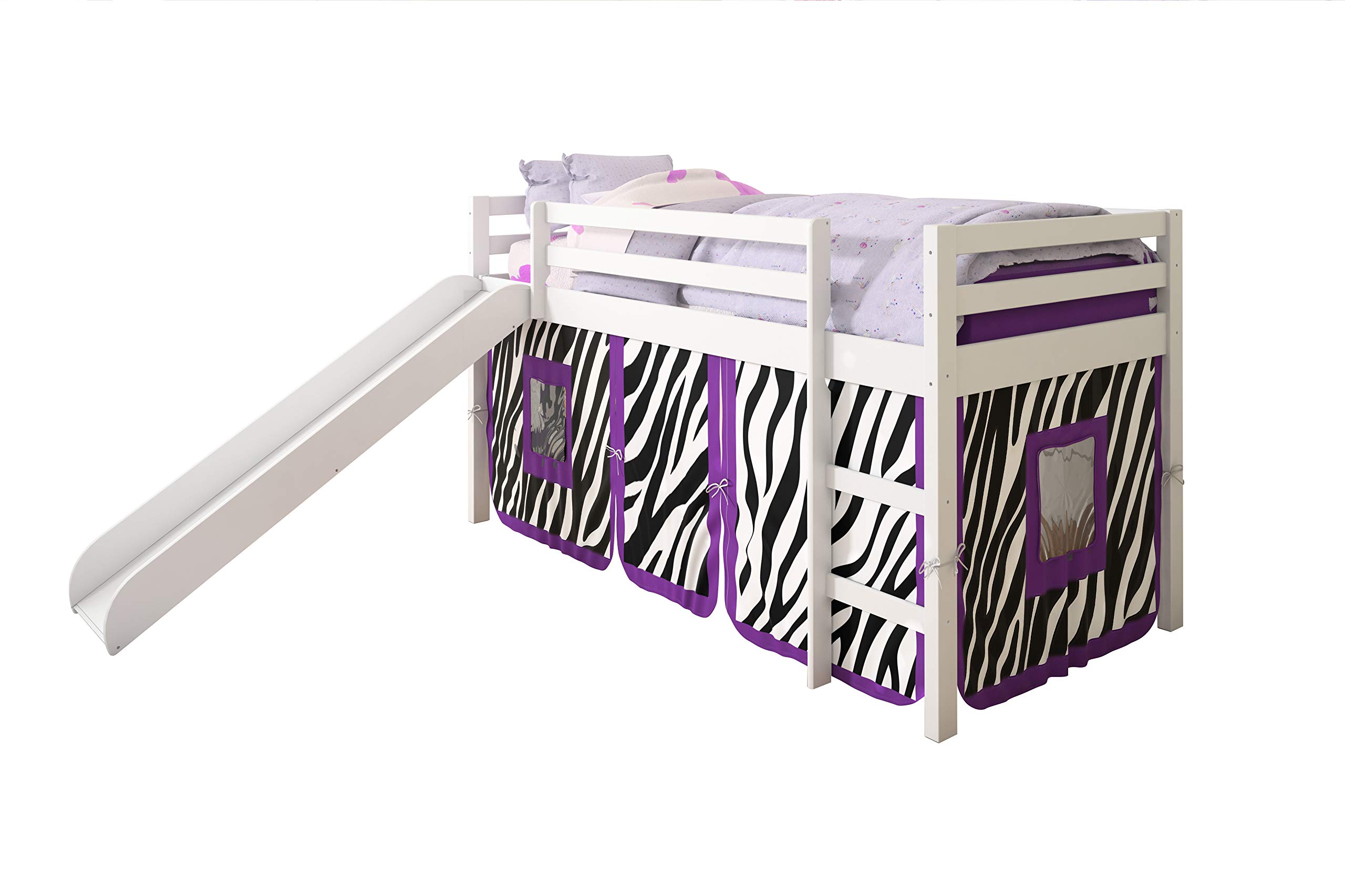 Donco Kids Twin Low Loft Bed with Slide and Camo Tent, Twin, White