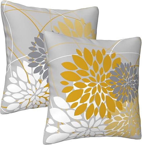 Miniatura 6 de Juego de 2 fundas de almohada de 18 x 18 pulgadas, color gris y amarillo, para primavera y verano, dalia, geométricas, florales, elegantes,