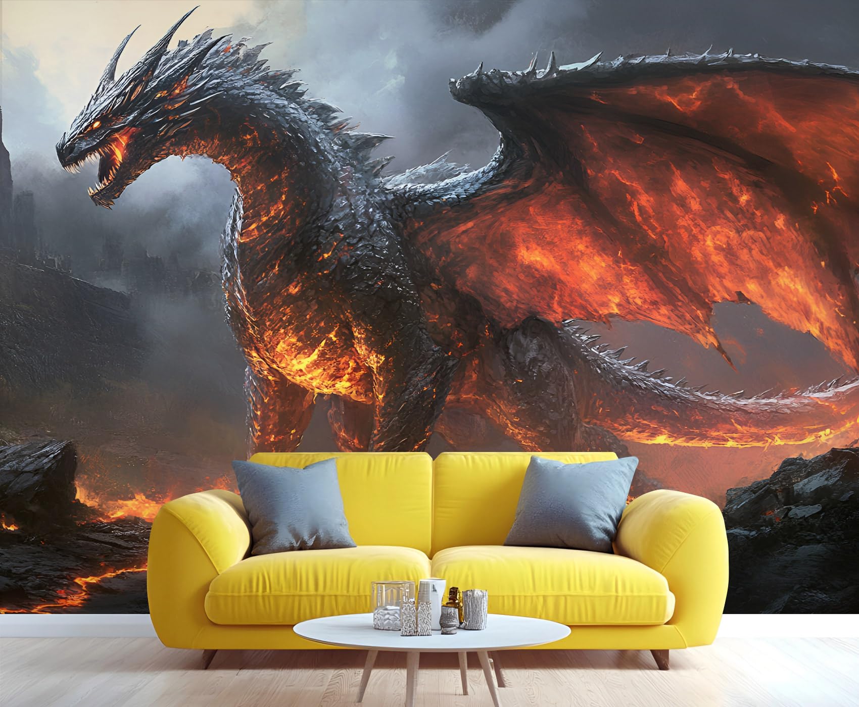 YXQAIED Dragon Mural Wallpaper - Dark Fantasy Bedroom Wall Paper, Not Self Adhesive Lava Dragon Wallpaper for Living Room, Apartment Wall Murals & Room Decor, 450x315cm