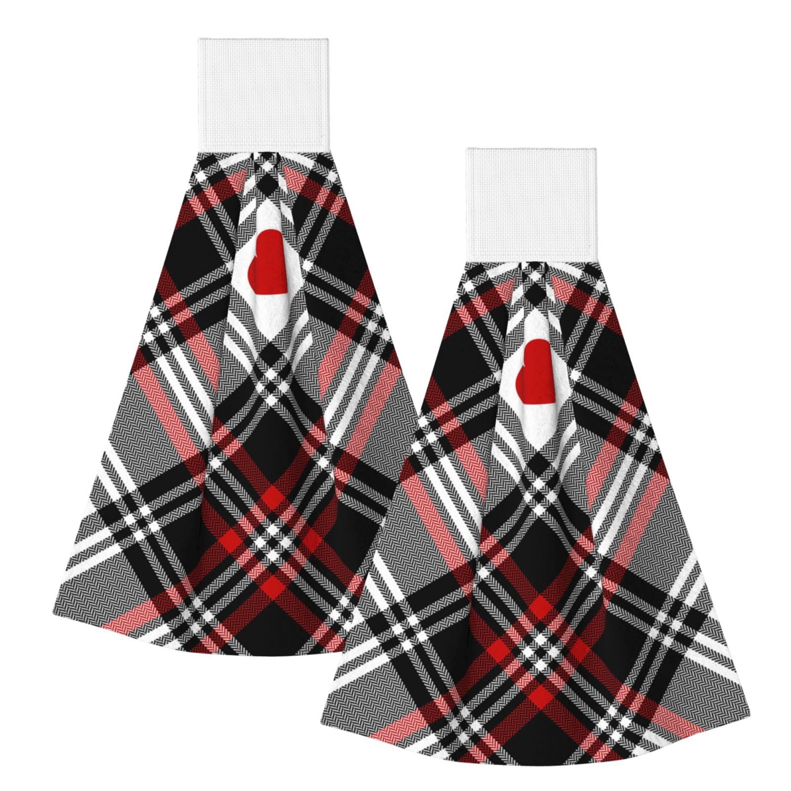 DOPKLNA Valentines Plaid Hearts, 2 Pcs Hanging Coral Fiber Hand Towels for Bathroom, Absorbent Kitchen Towels