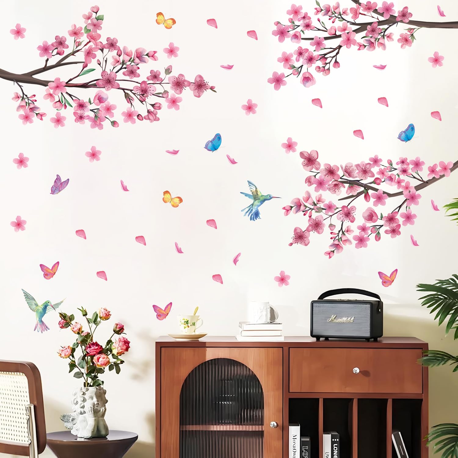 HPNIUB Pink Flower Tree Wall Sticker Cheery Blossom Branch Wall Stickers Murals for Wall Bedroom Living Room Home Office Wall Decor Pink Bedroom Accessories - Image 2