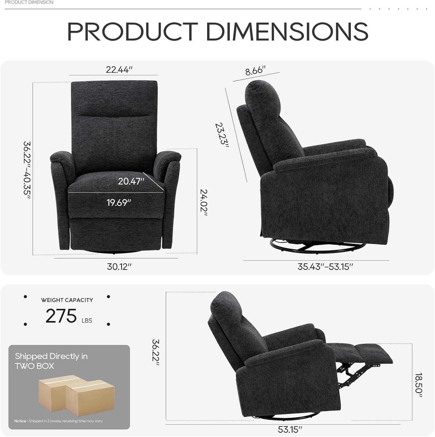 Swivel Rocking Recliner Glider Chair, Upholstered Fabric Reclining Rocker Chair with Footrest for Living Room, Nursery, Bedroom, Ergonomic High Backrest, Wide Seat Cushion and Metal Base-Darkgrey