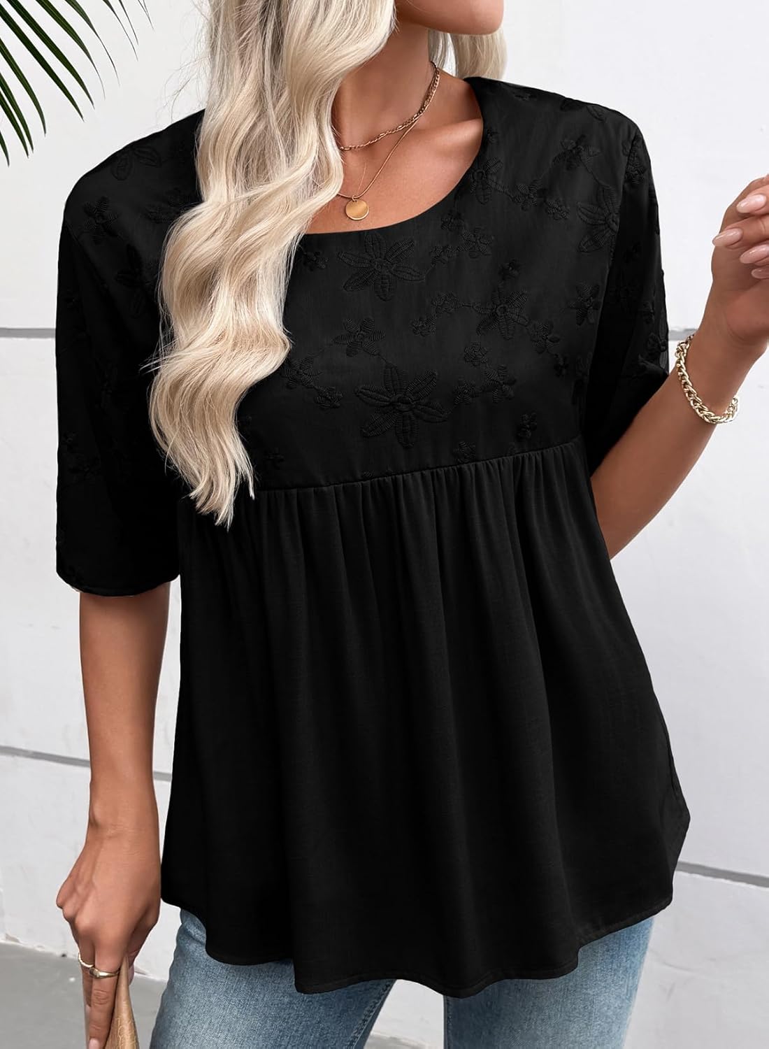 EVALESS Womens Spring Summer Tops Casual Crewneck Half Sleeve Shirts Blouses Cute Floral Embroidered Boho Babydoll Tops - Image 5