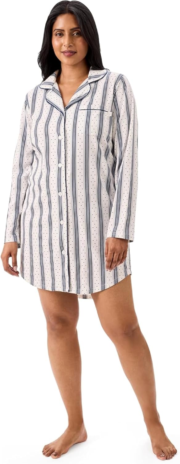 Martha Stewart Classic Long Sleeve Nightshirt for Women | Cotton Notch Collar Striped Sleepwear | Timeless and Elegant