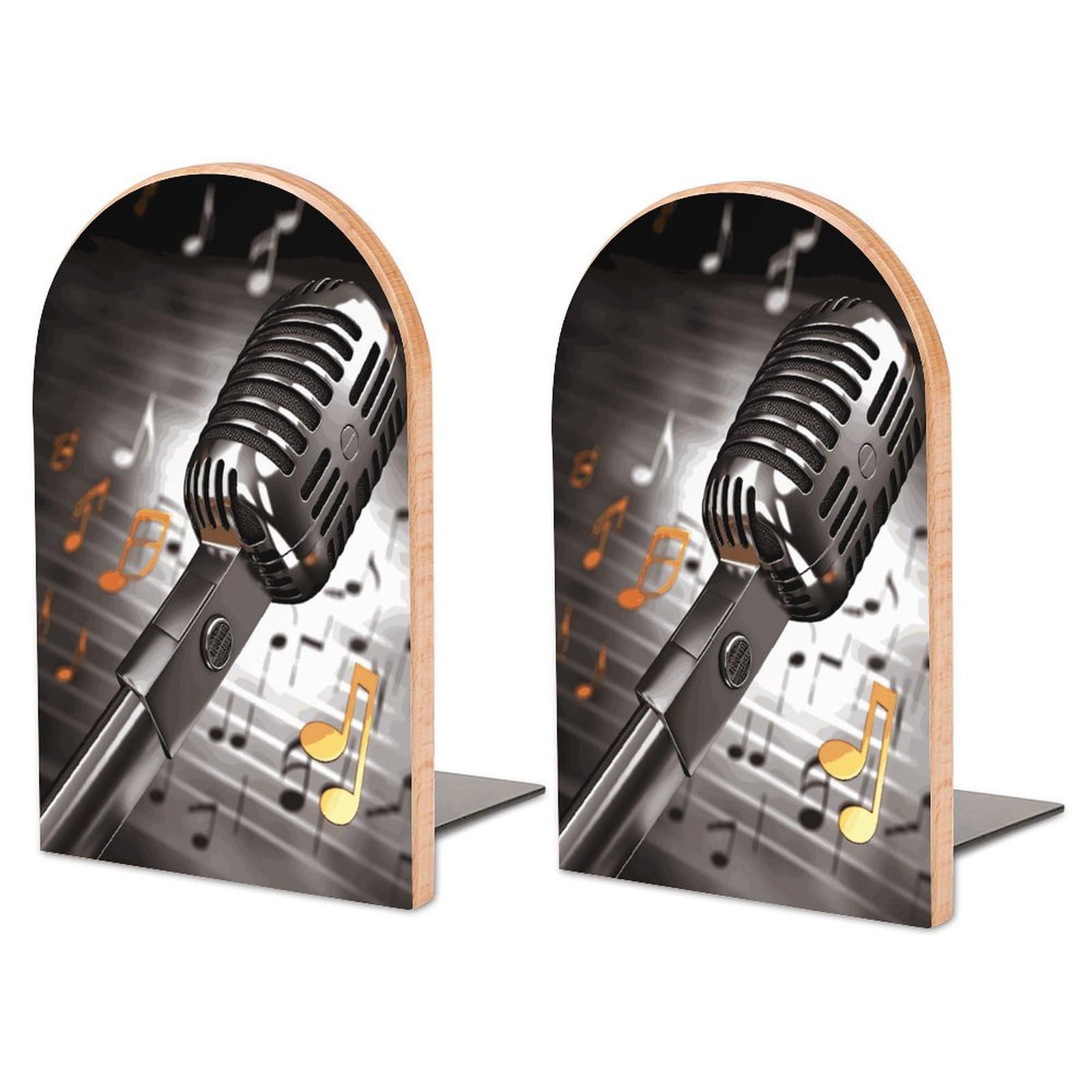 Serre-livres microphone en bois de hêtre et métal pour organisation de bureau