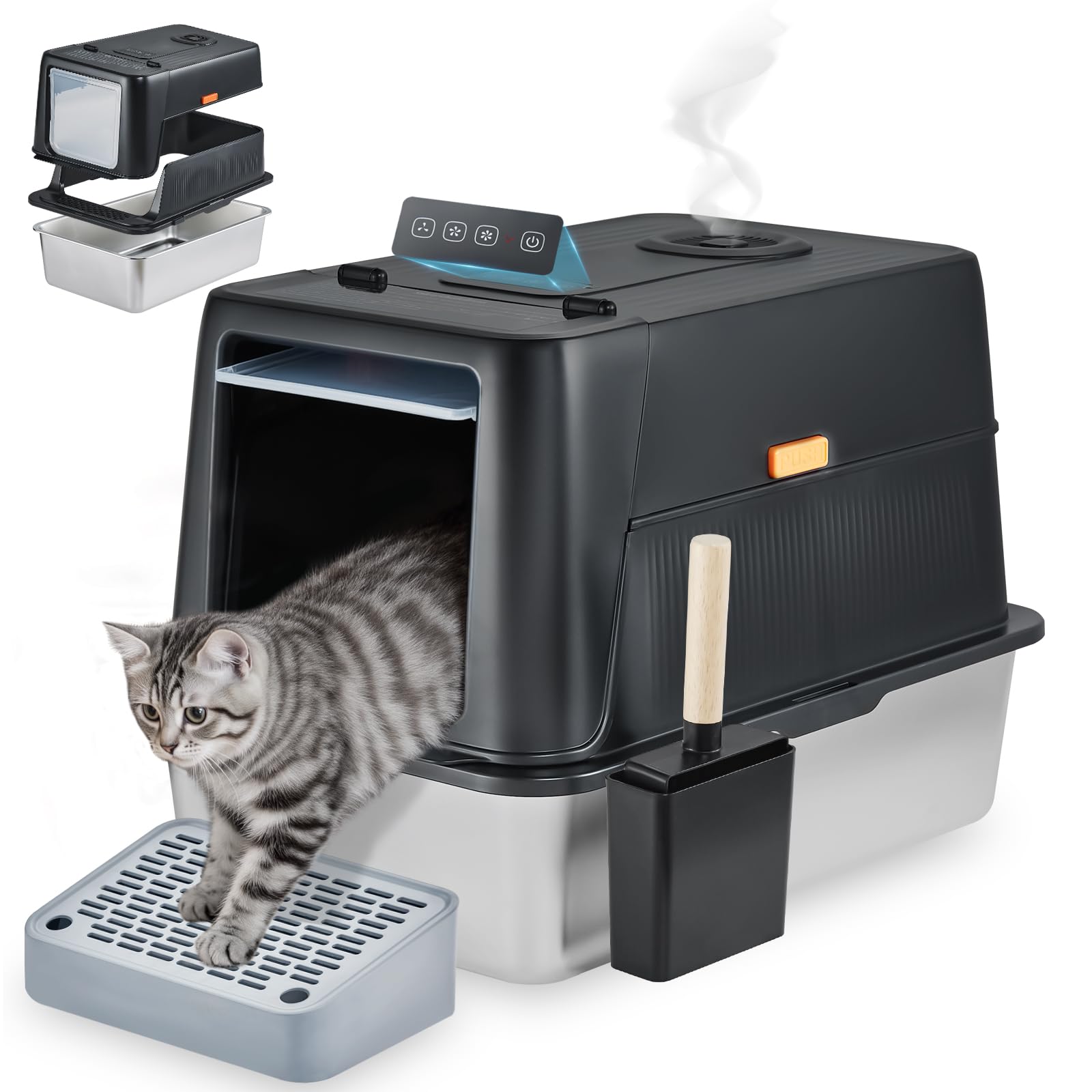 Smart Odor Control Stainless Steel Cat Litter Box with Lid, Smart Cat Litter Box with Infrared Sensor, Large Automatic Litter Boxs for Cats, 3 in 1 Design and 135° Flip-Top, Litter Scoop & Foot Pedal