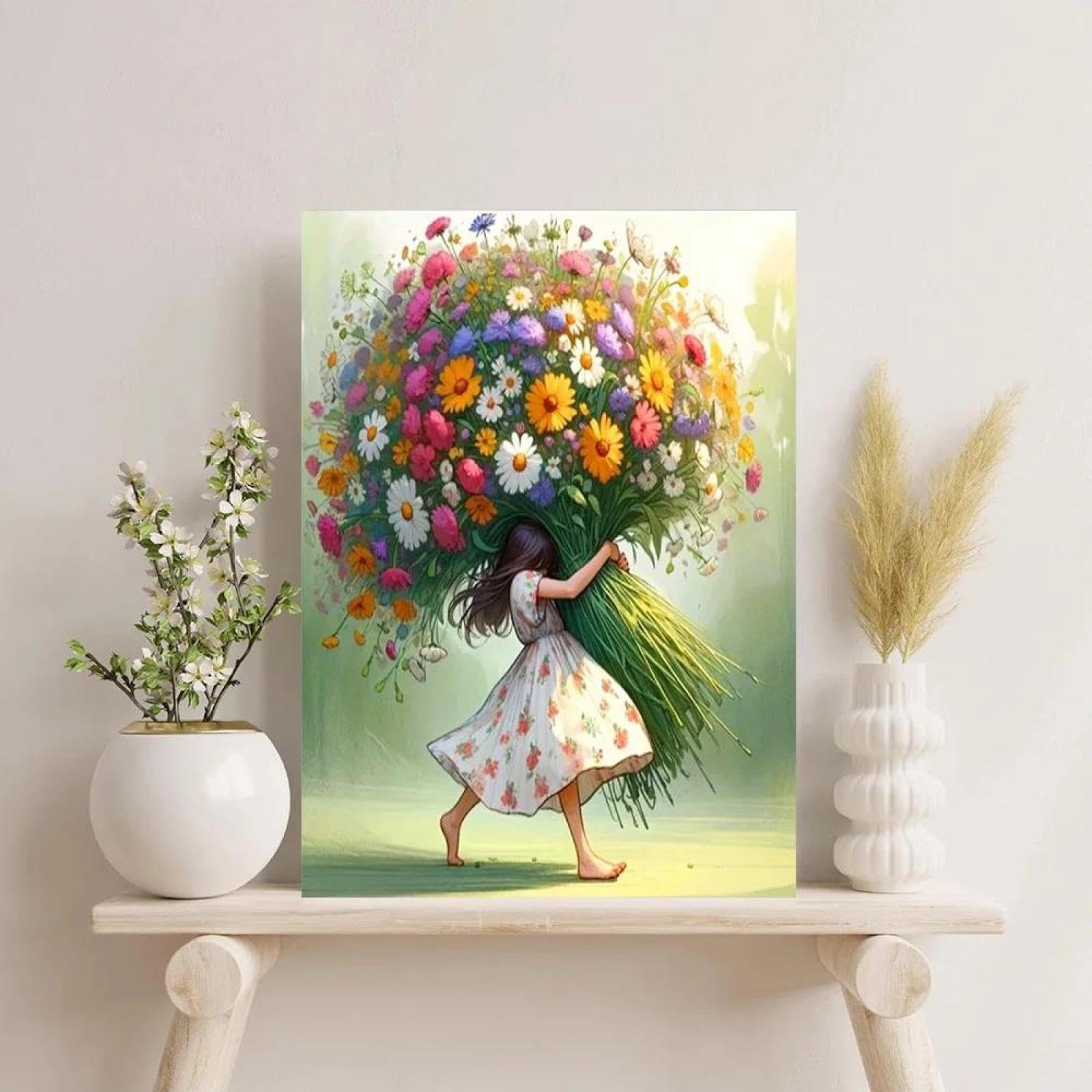 Baibexing Girl Holding Flowers Poster And Prints Colorful Bouquet Of Daisies Canvas Painting Wall Art Picture For Living Room Home Decor 21X30Cm Unframed