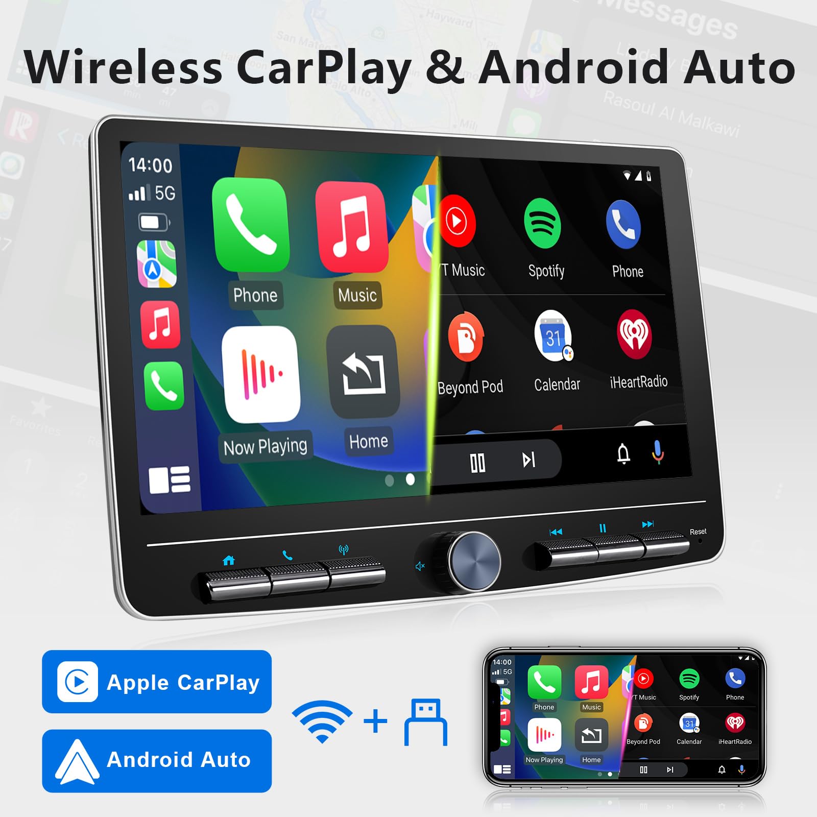 Android 12 Autoradio Wireless CarPlay Android Auto, 10.1 Zoll Bildschirm DAB+ Autoradio 1Din Car Play Touch Display Bluetooth 8 Core 2G+32G WiFi 4G GPS DSP AM/FM RDS Auto Radio mit Rückfahrkamera