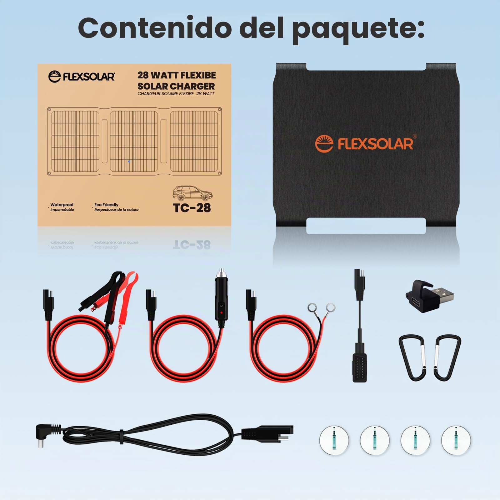 Flexsolar Panel solar de 28 W, cargador de batería solar de 12 V, módulo solar, IP67, resistente al agua, cargador de batería portátil con cable USB DC SAE para coche, barco, motocicleta, remolque