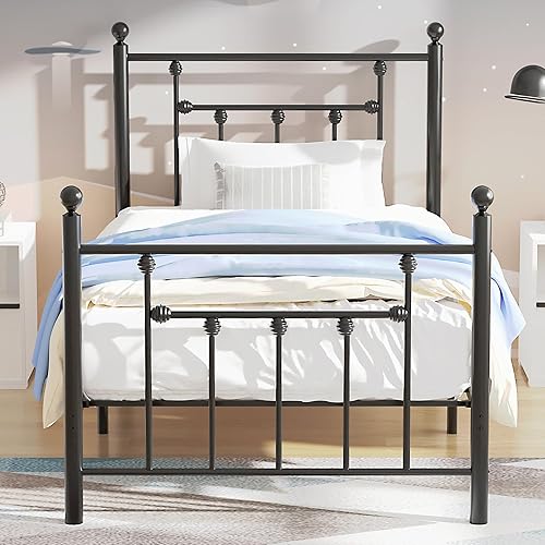 VECELO Twin Size Metal Platform Bed Frame with Headboard and Footboard, Heavy Duty Slat Support/No Box Spring Needed Mattress Foundation/Underbed Storage Space, Victorian Style
