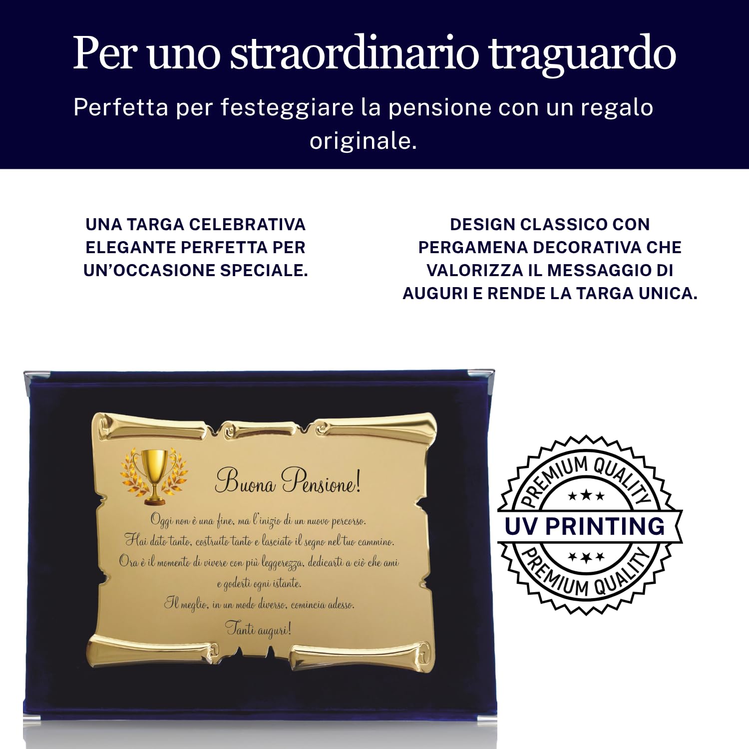 Placa de pensión con pergamino en estuche de terciopelo – Idea regalo jubilación – Placa de celebración con dedicación – Recuerdo elegante para colega, amigo o familia (azul, dedicación emocional)