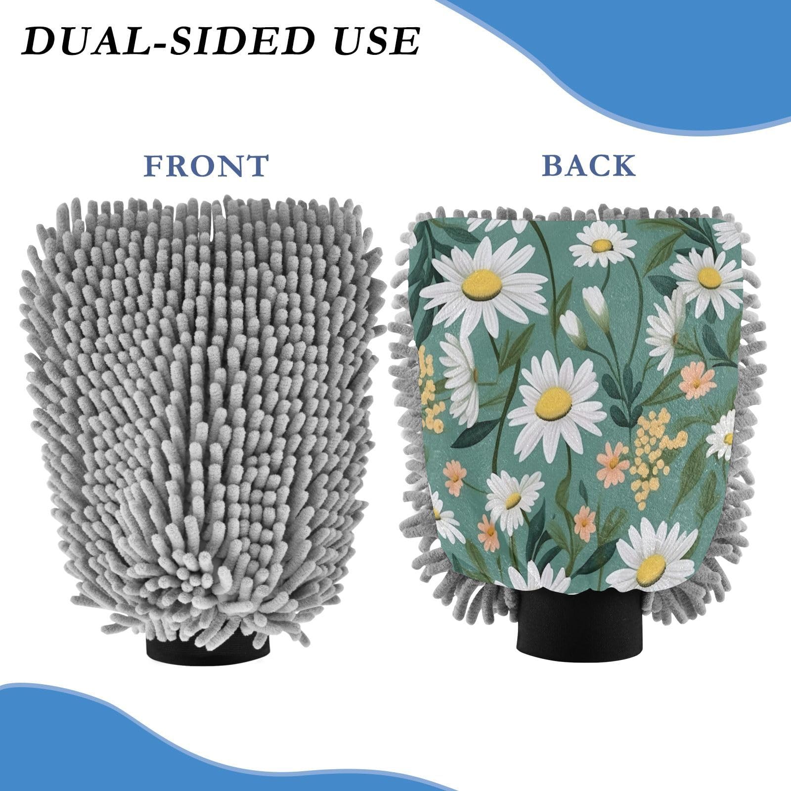 Flradish 2 Pack Daisy Pattern Car Wash Mitt Chenille Microfiber Lint-Free Scratch Free Ultra-Soft Absorbent Car Wash Mitt 10.2x7.09 Inch
