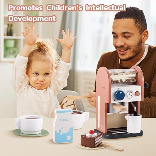 Miniatura 7 de GAGAKU Cafetera de madera de juguete, 14 piezas, accesorios de cocina, cafetera de juguete para niños, set de juego de simulación, cafetera para