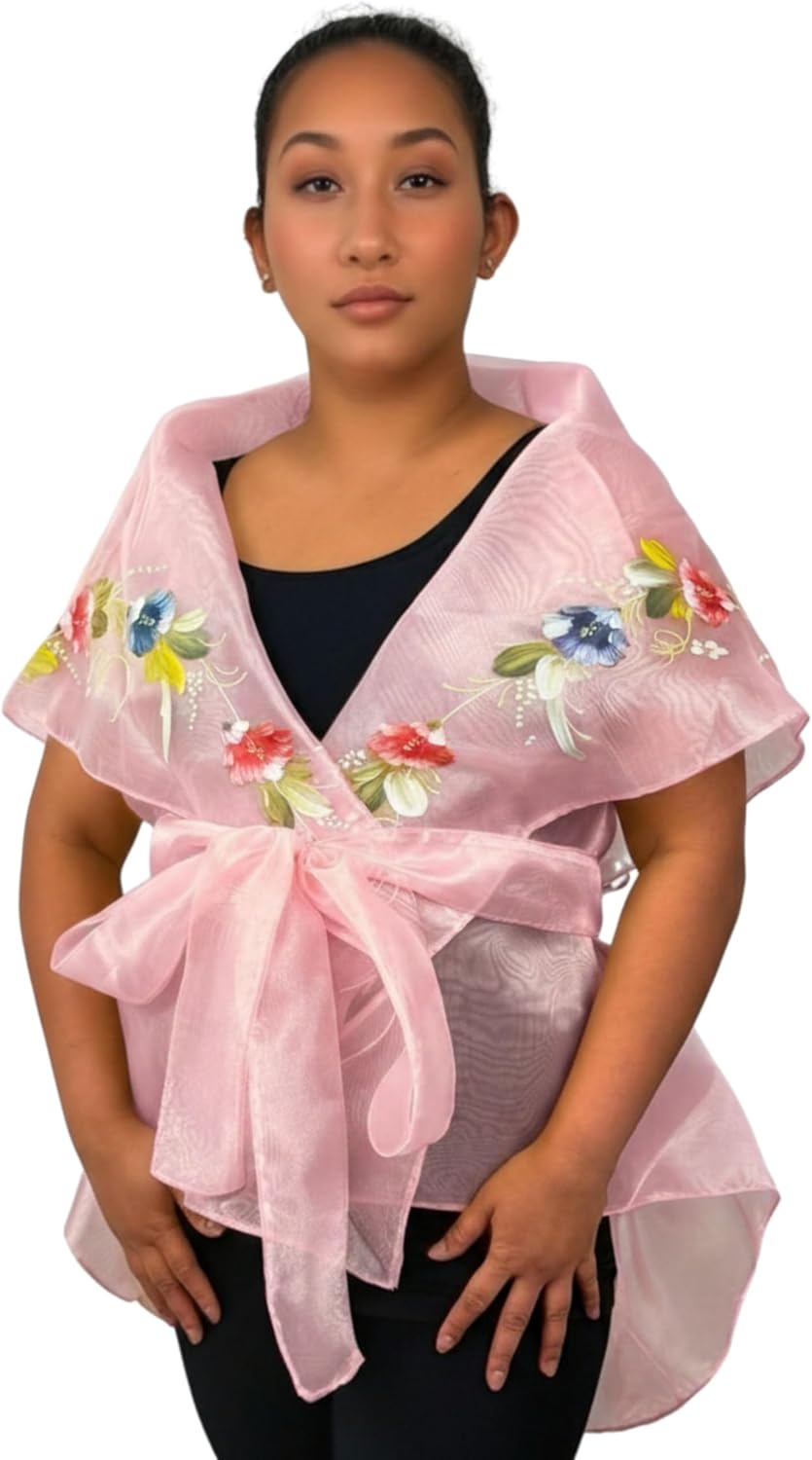 Panuelo Filipiniana Shawl – Hand-Painted Organza Scarf for Women’s Wedding, Formal & Evening Dresses