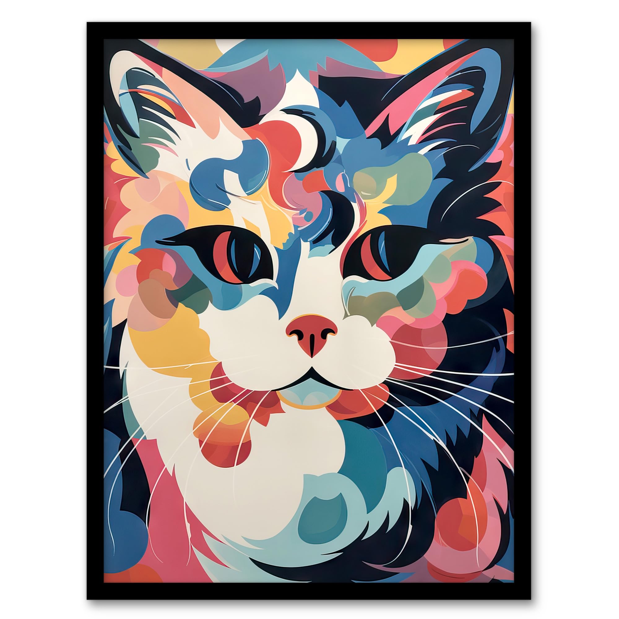 Artery8 Cat Graphic Wall Art Print - 1960s Abstract Pastel Retro Boho Animal Portrait - Framed A4