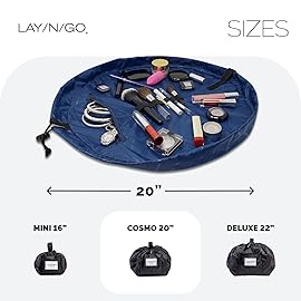 Lay-n-Go Cosmo Layflat Drawstring Cosmetic & Makeup Bag Organizer w/Zipper Pocket, Brush Loops & More, Cinch to Close, Lay Flat to Use, Durable, Machine Wash, Travel Toiletry Bag (20, Navy)