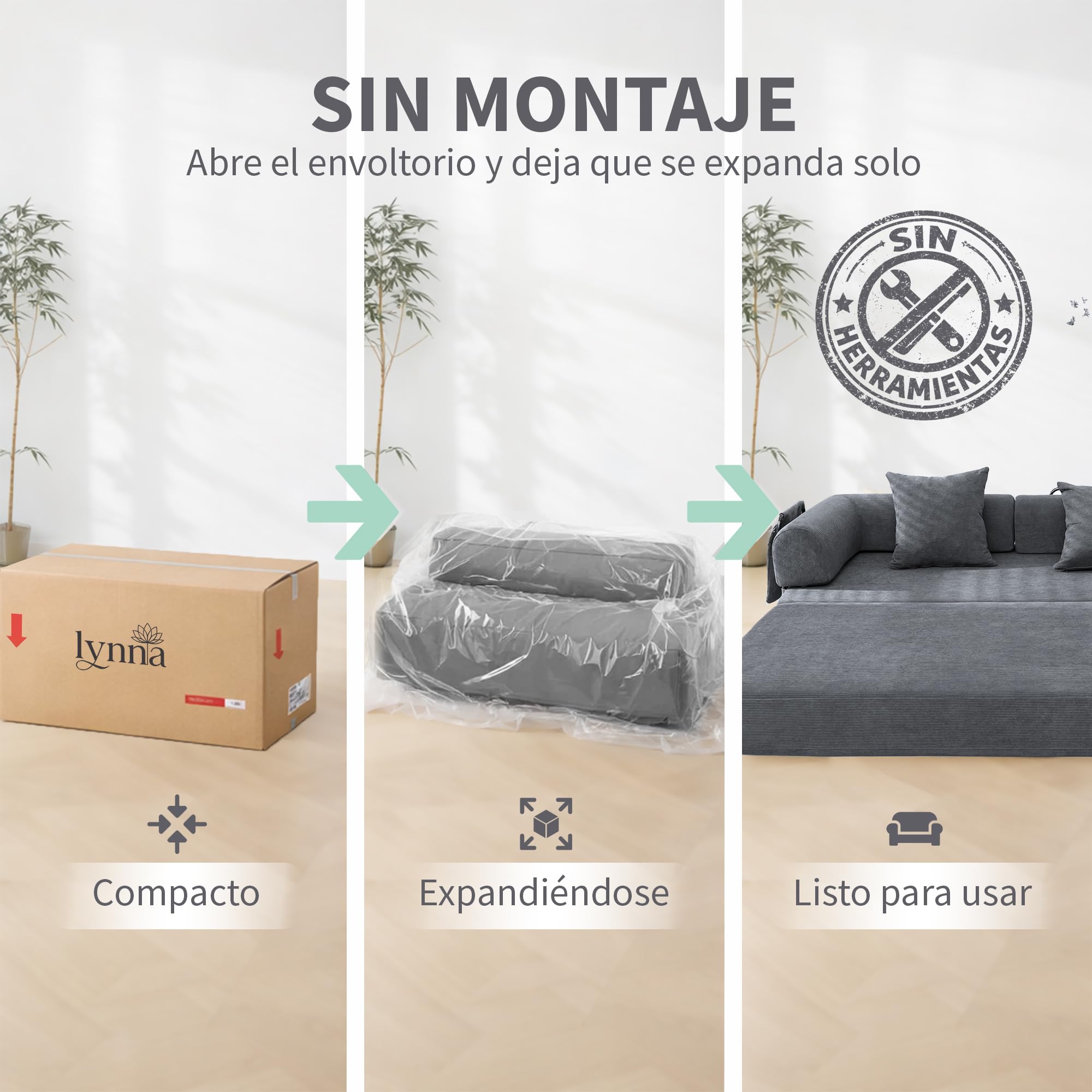 Lynna Sofa Cama 3 plazas sin Montaje – Sofa Modular autoexpandible Convertible en Cama Doble Grande, cómodo y versátil para Salones Modernos y Pisos pequeños, 200x94x70 cm (Gris Oscuro)
