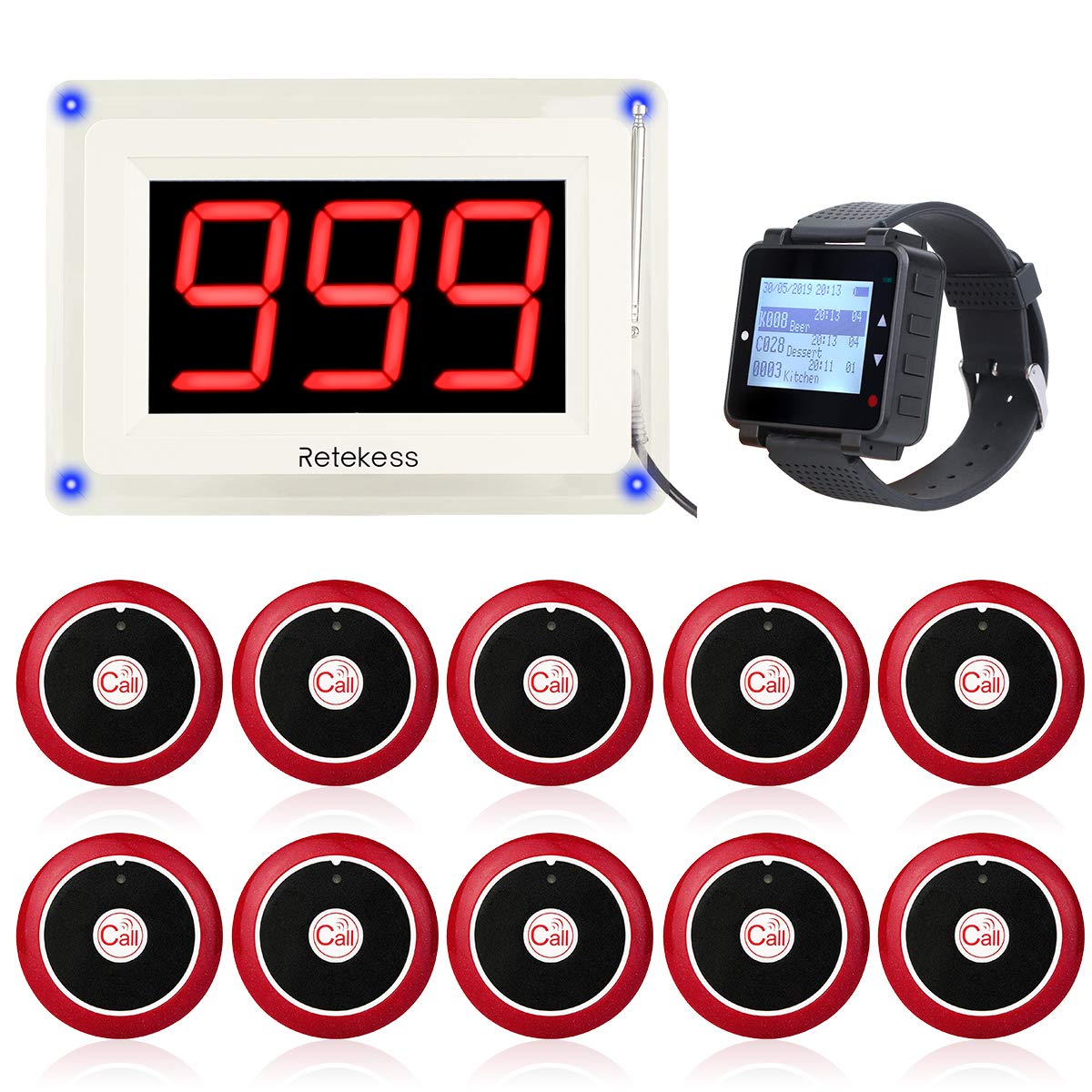 Retekess T114 Caregiver Pager,Wireless Paging System,Max 999,Long Distance,1 Watch Receiver,10 Medical Panic Call Buttons for Clinic,Hotel,Restaurant