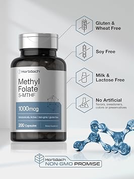 Horbaach Methyl Folate Supplement | 1000 mcg | 200 Capsules | 5-MTHF | Folic Acid | Non-GMO, Gluten Free Methylfolate