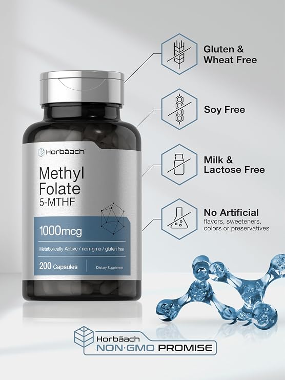 Horbaach Methyl Folate Supplement | 1000 mcg | 200 Capsules | 5-MTHF | Folic Acid | Non-GMO, Gluten Free Methylfolate