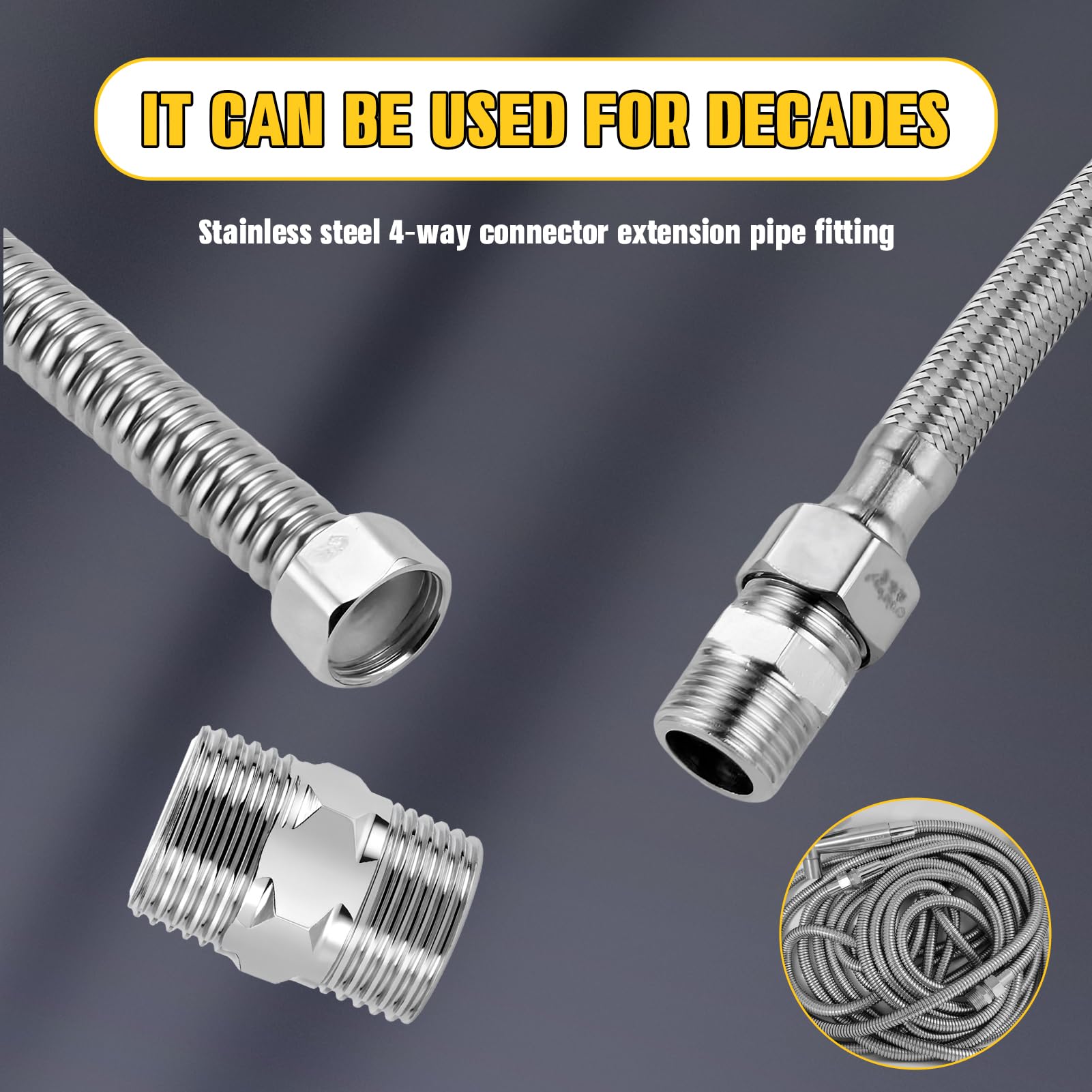 Conector Doble de Acero Inoxidable 1/2" para Manguera de Ducha, Adaptador Macho-Macho Hexagonal, Unión de Extensión