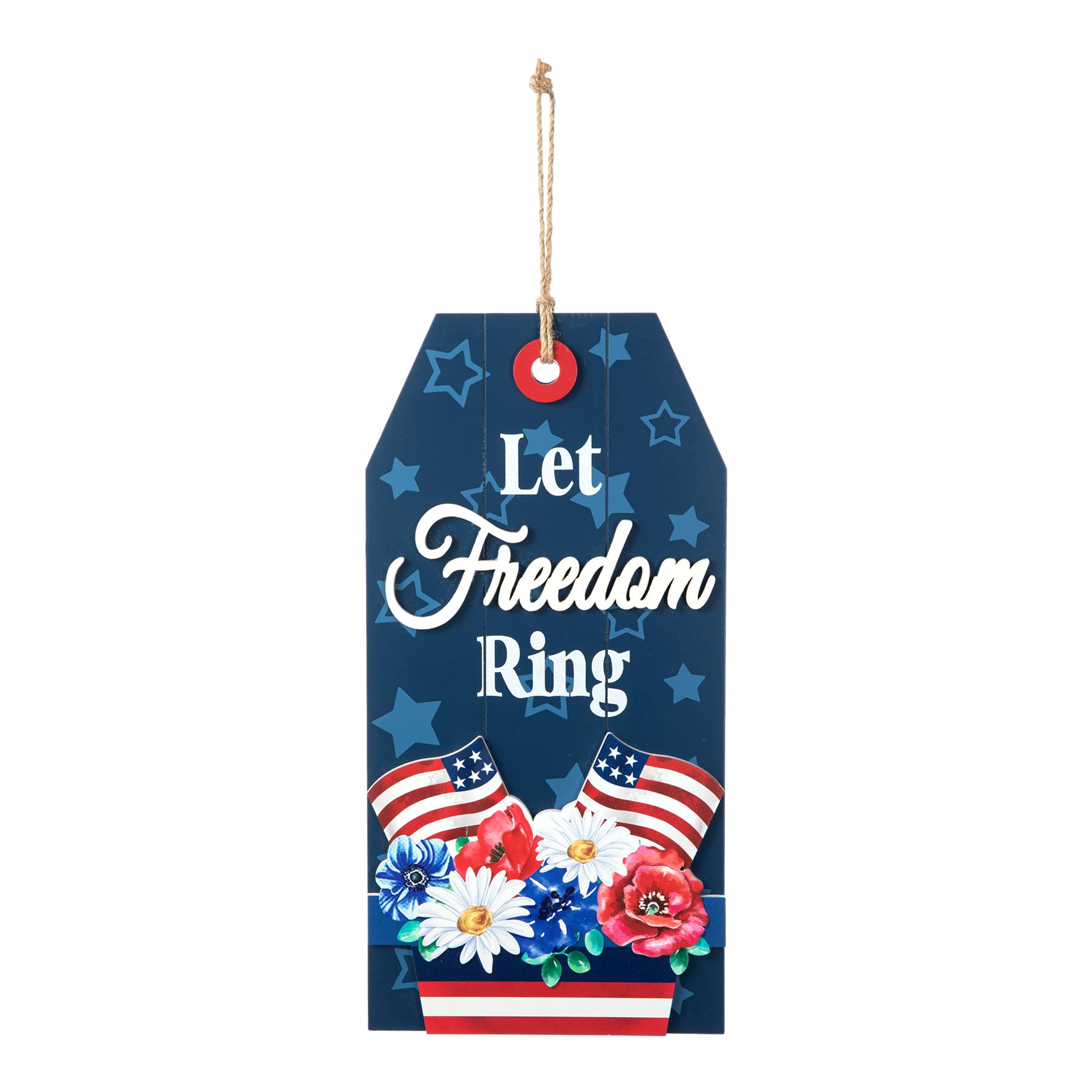 Glitzhome 15.75"H Let Freedom Ring Patriotic Door Hanger Sign,Wooden Bookmark Shape 4th of July Wall Hanging Decor,American Independence Day Door