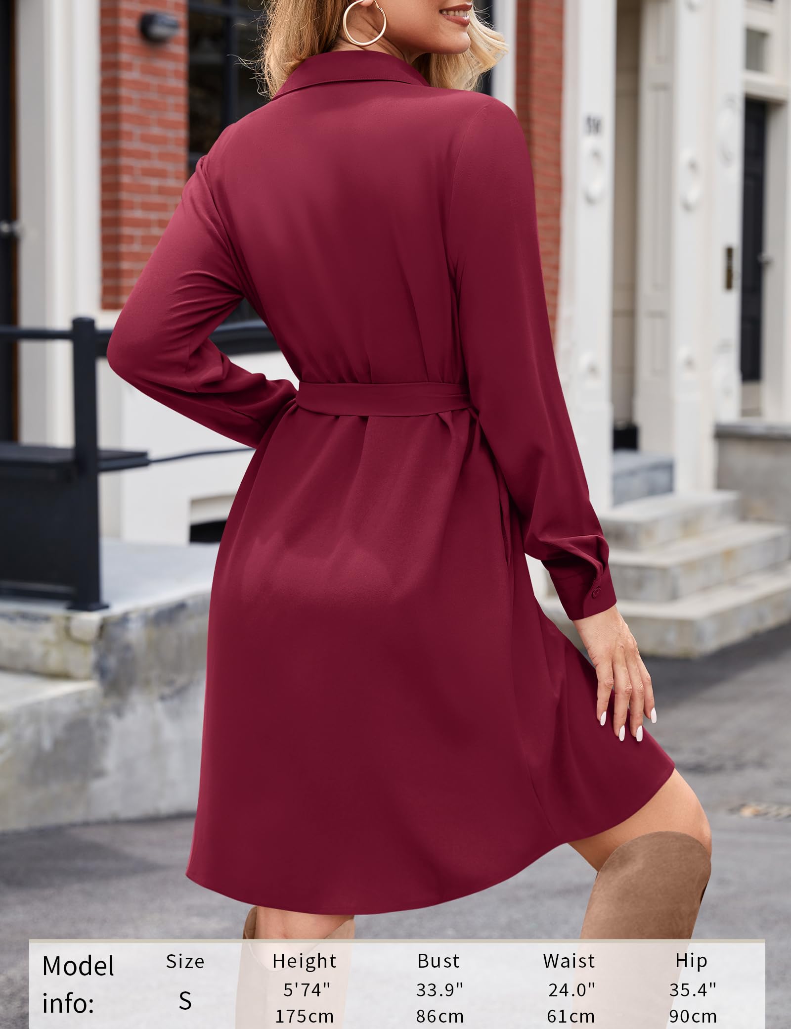 Florboom Damen Langarm Blusenkleid V-Ausschnitt Chiffon Kleid Lässige Herbst Minikleid mit Taschen