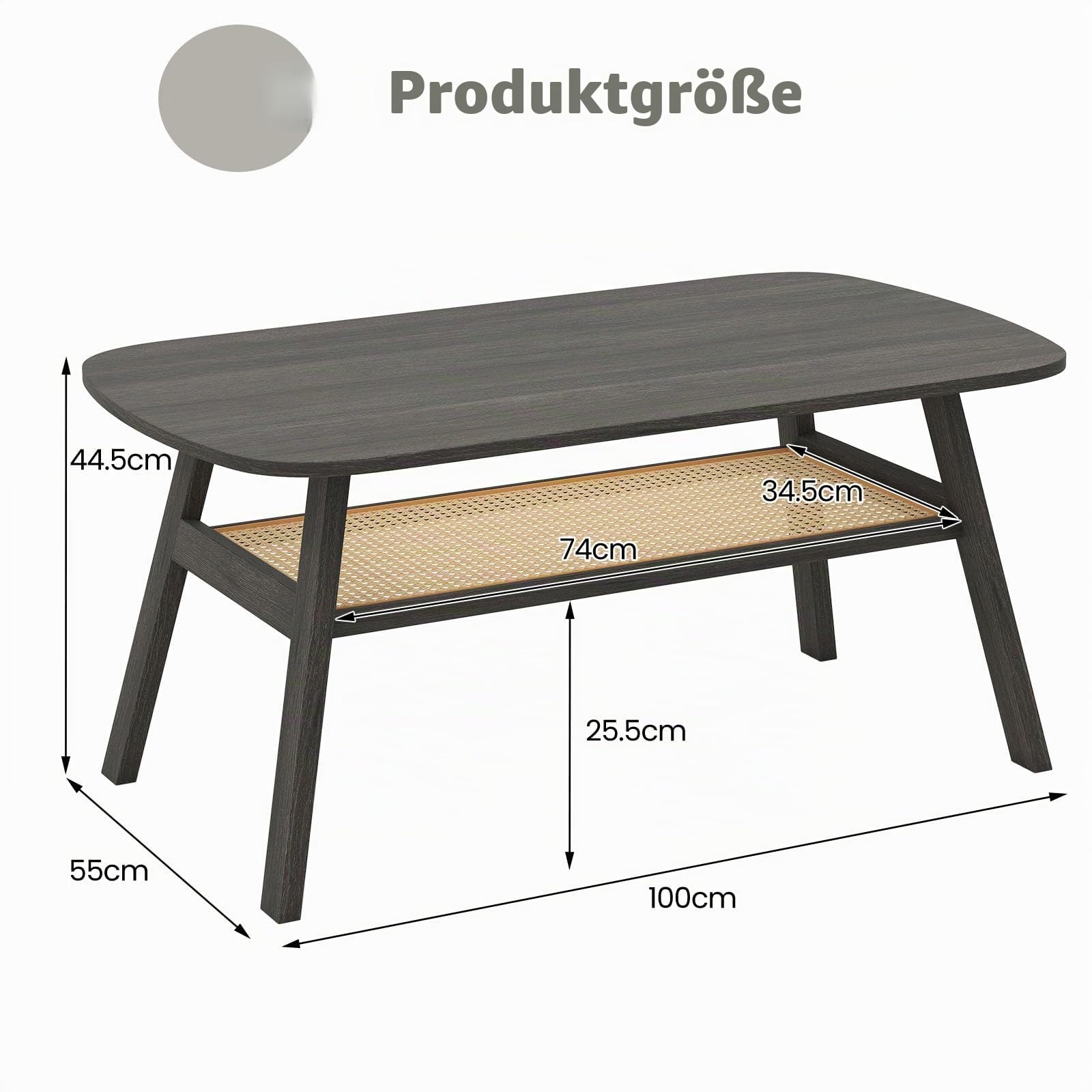LIFEZEAL Couchtisch, Rechteckiger Wohnzimmertisch mit 2 Ebenen, Sofatisch Teetisch mit Holzbeinen, Mitteltisch mit Rattan-Ablagefach für Zuhause & Büro, Rustikaler Stil