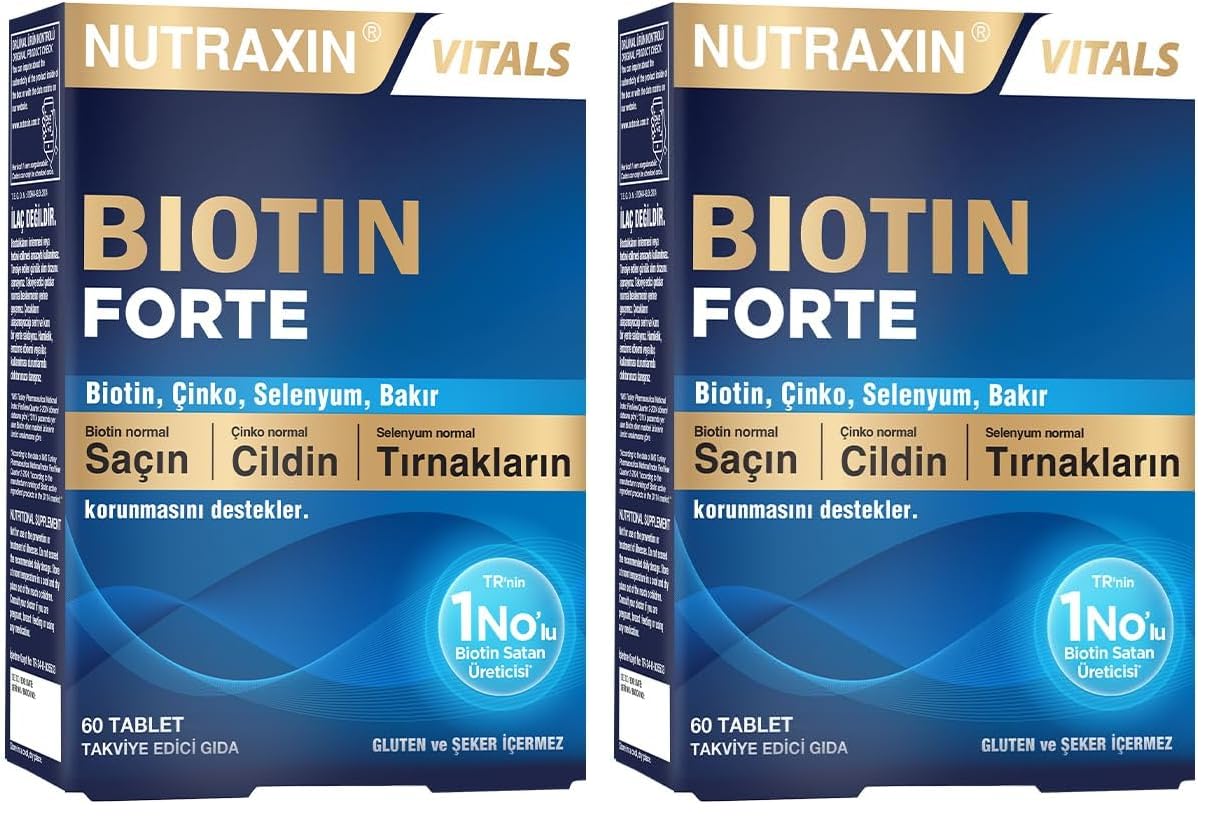 Nutraxin Biotin Forte – 5000 mcg Biotin, Çinko, Bakır ve Selenyum İçeren Saç, Cilt ve Tırnak Destek Tableti – 60 Tablet – Vegan (2 paketi)