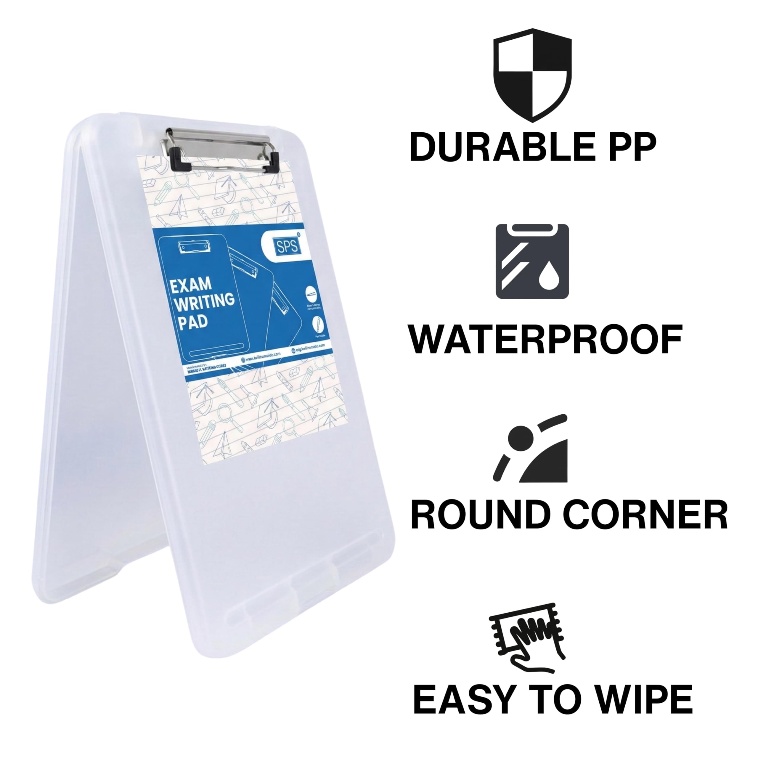 SPS Exampad A4 Plastic Clipboard with Built-in Storage and Pen Holder - Ideal for School, Office, Travel - Perfect for Students and Professionals, School and Office - Translucent 3