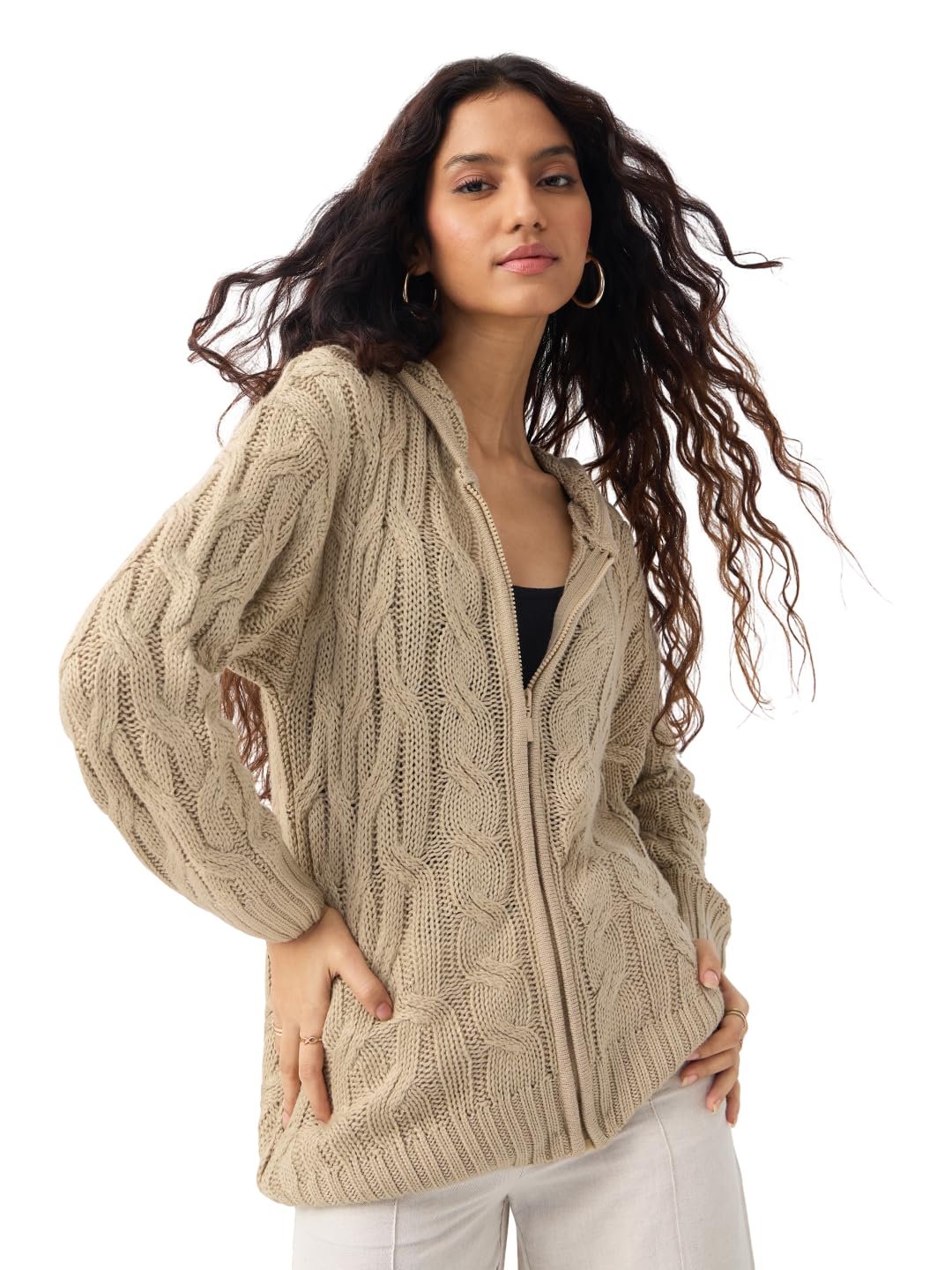 the souled store Hooded Sweater: Beige Biscuit Women and Girls Long Sleeves Hooded Neck Zipper Front Cable-Knit Acrylic Lightweight Casual Winter Oversized Sweater-picture-41