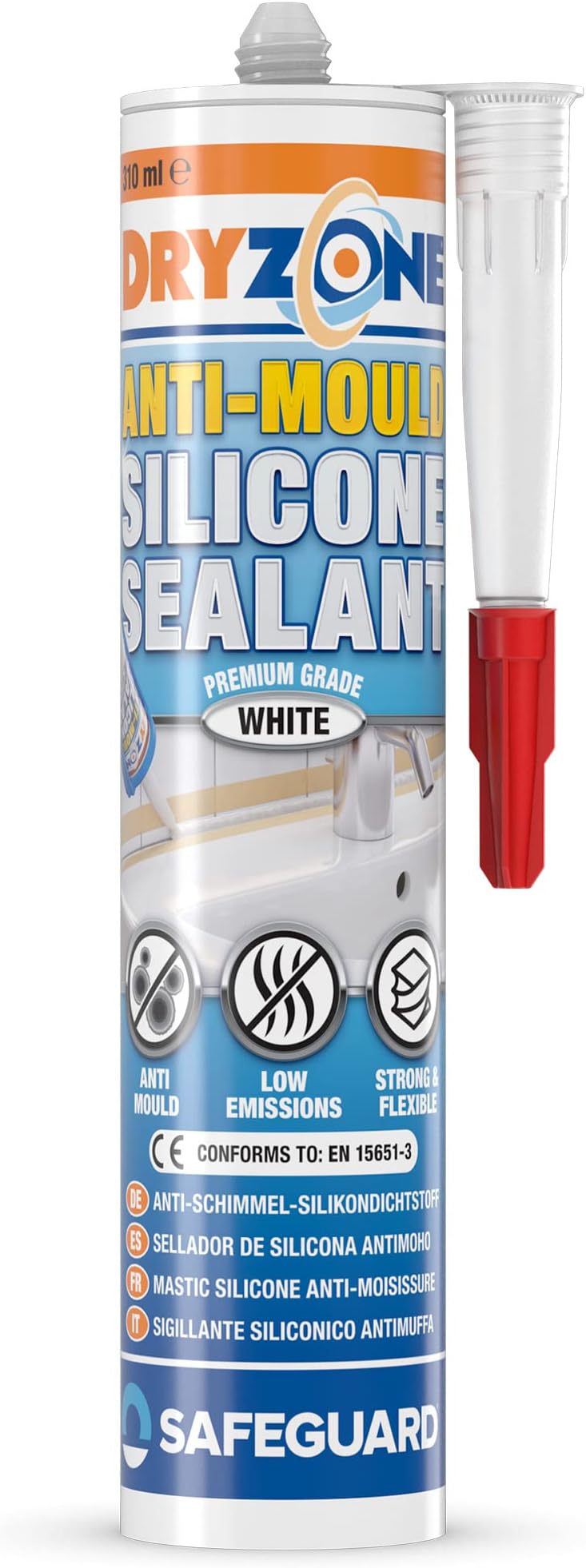 Dryzone Anti-Mould Silicone Sealant (310 ml White) Premium Sanitary-Grade, Low VOC Sealant for Bathroom and Kitchen